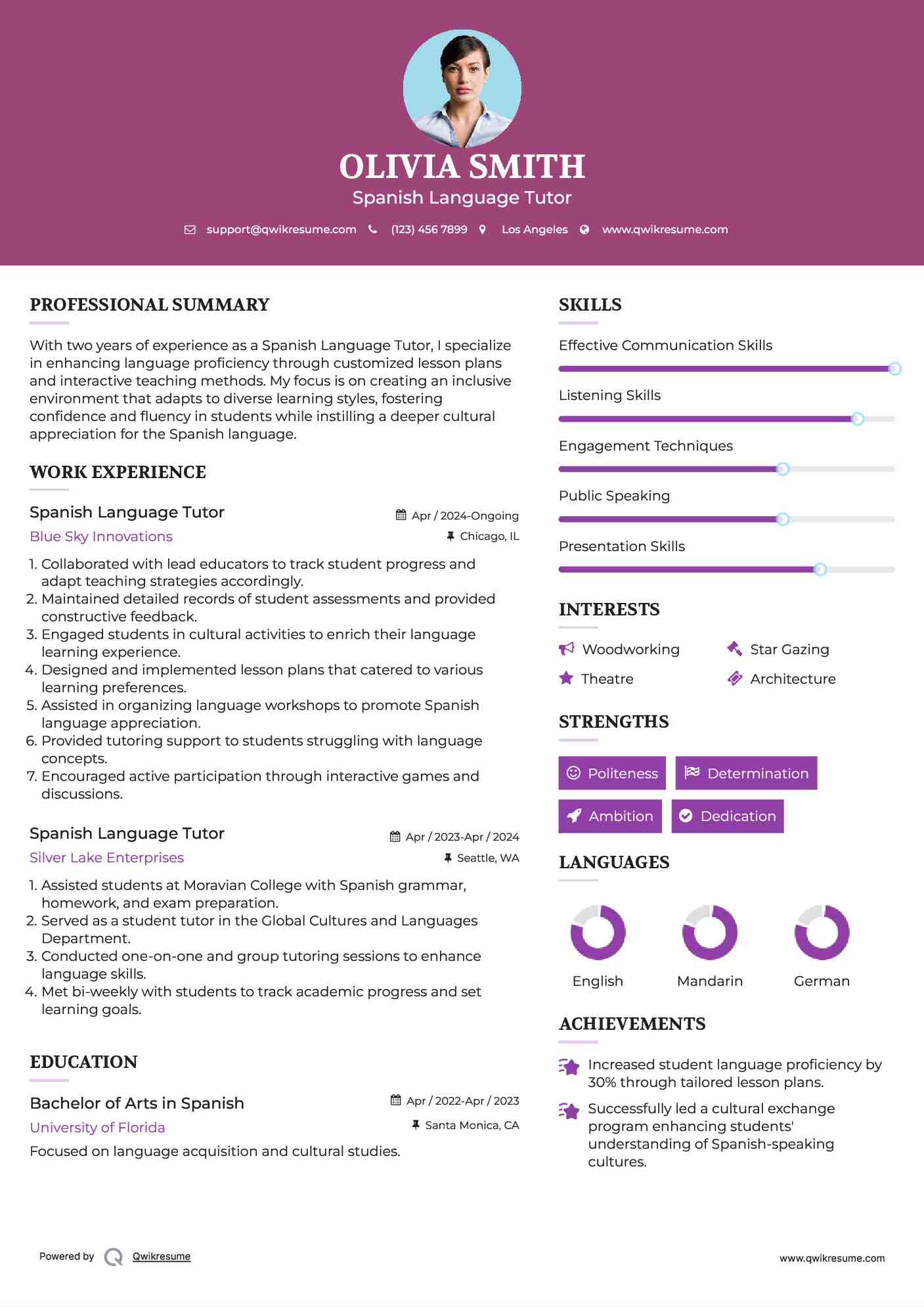 Spanish Language Tutor Resume Model