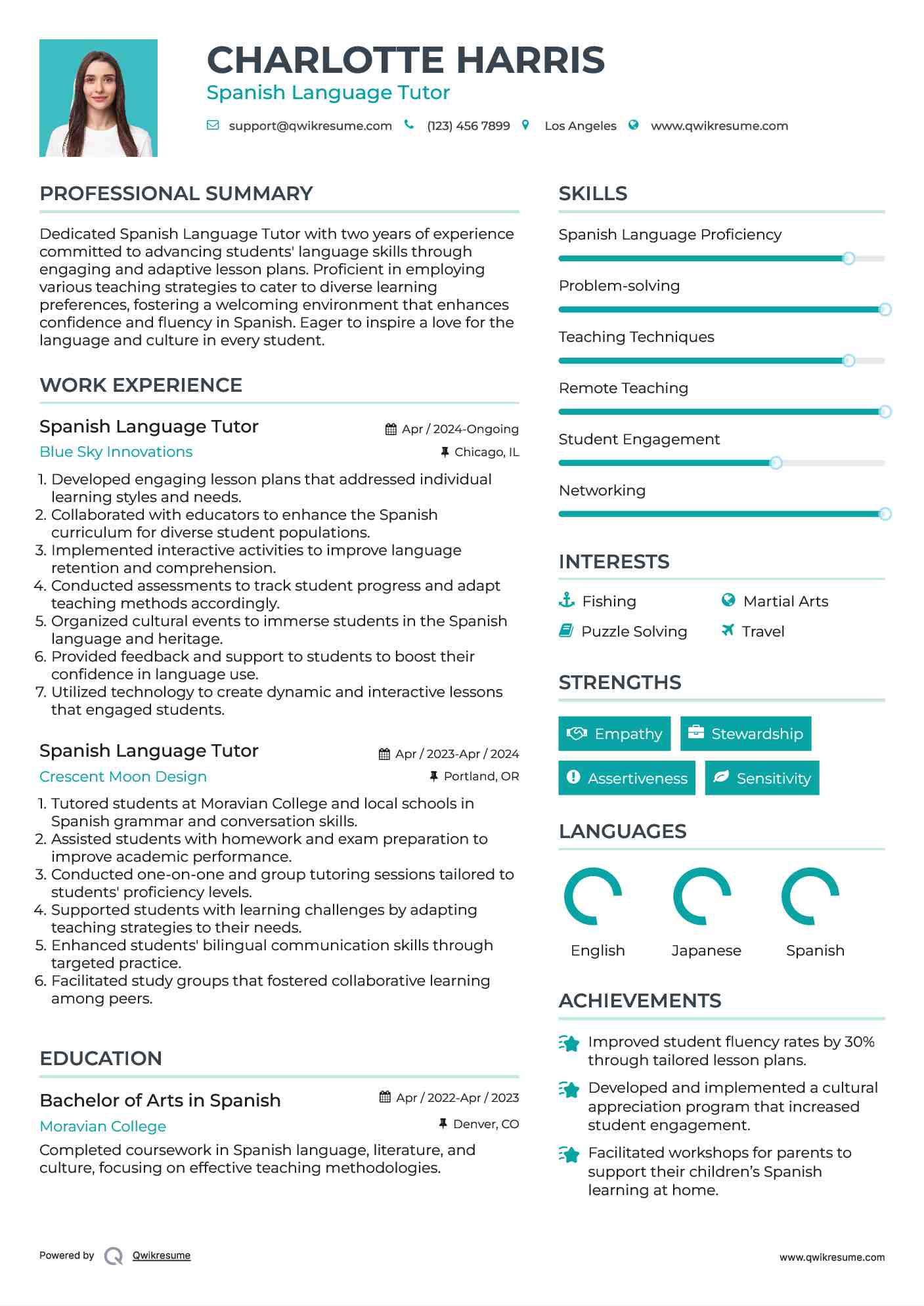 Spanish Language Tutor Resume Model