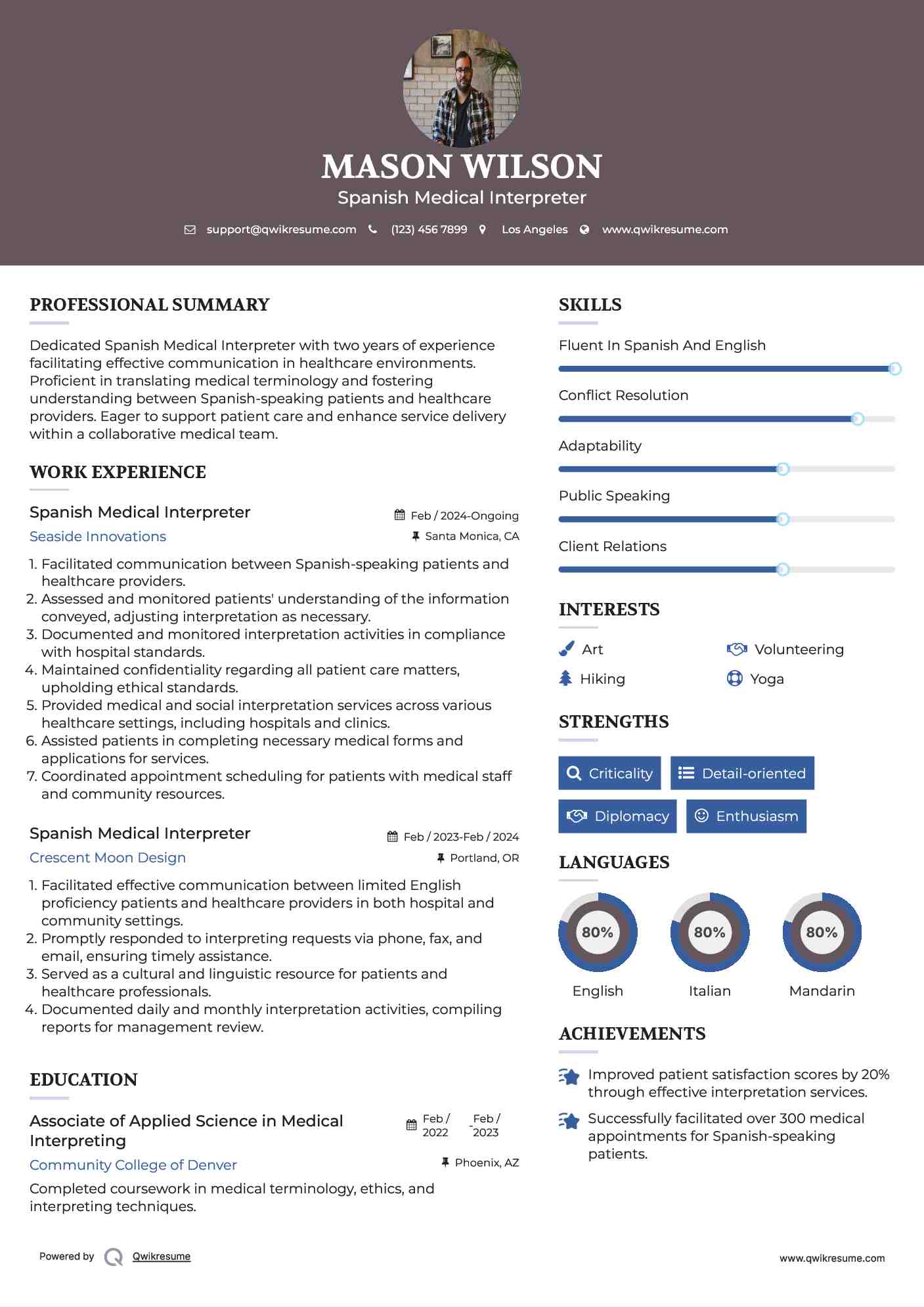 Spanish Medical Interpreter Resume Samples Qwikresume