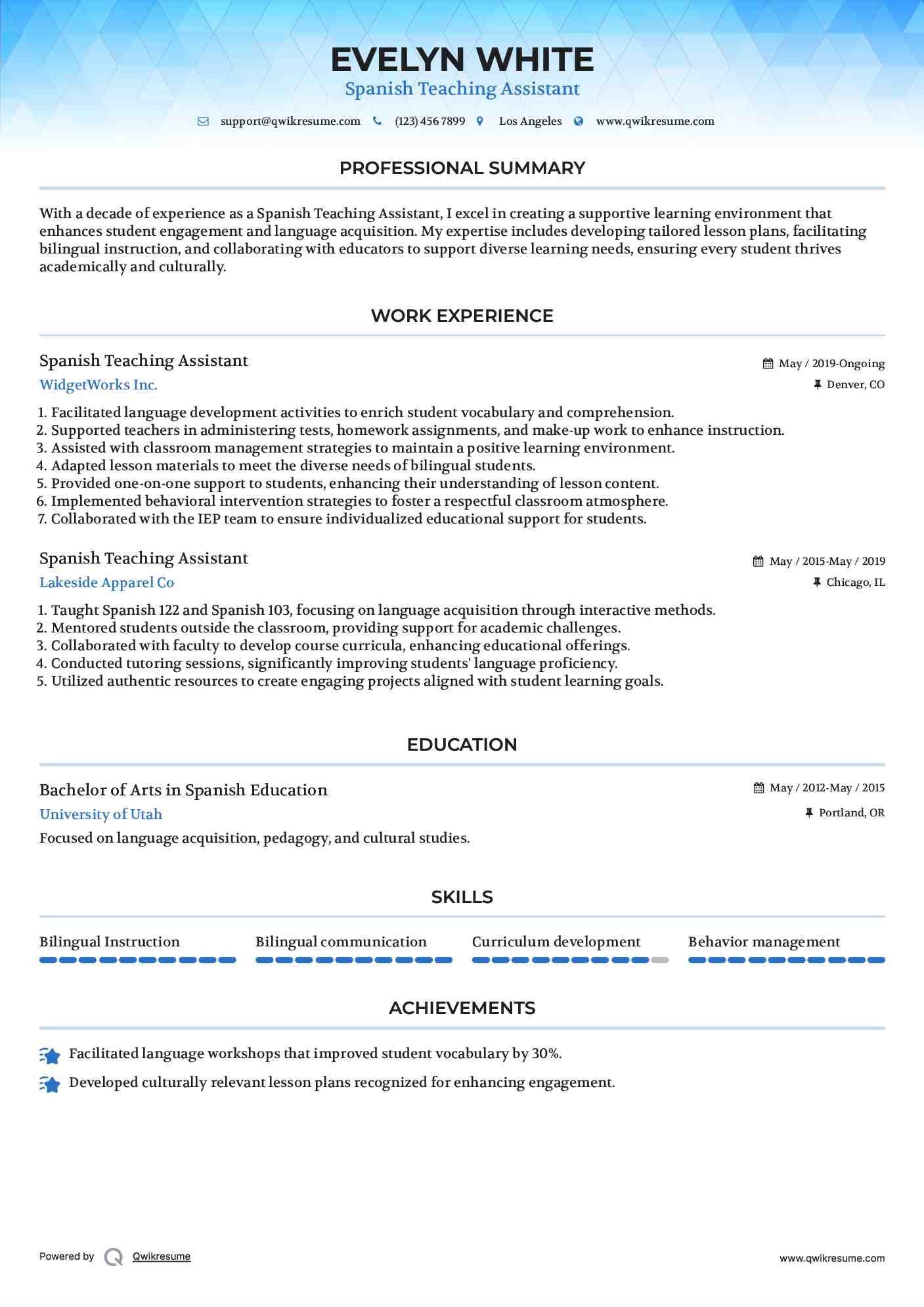 Spanish Teaching Assistant Resume Template