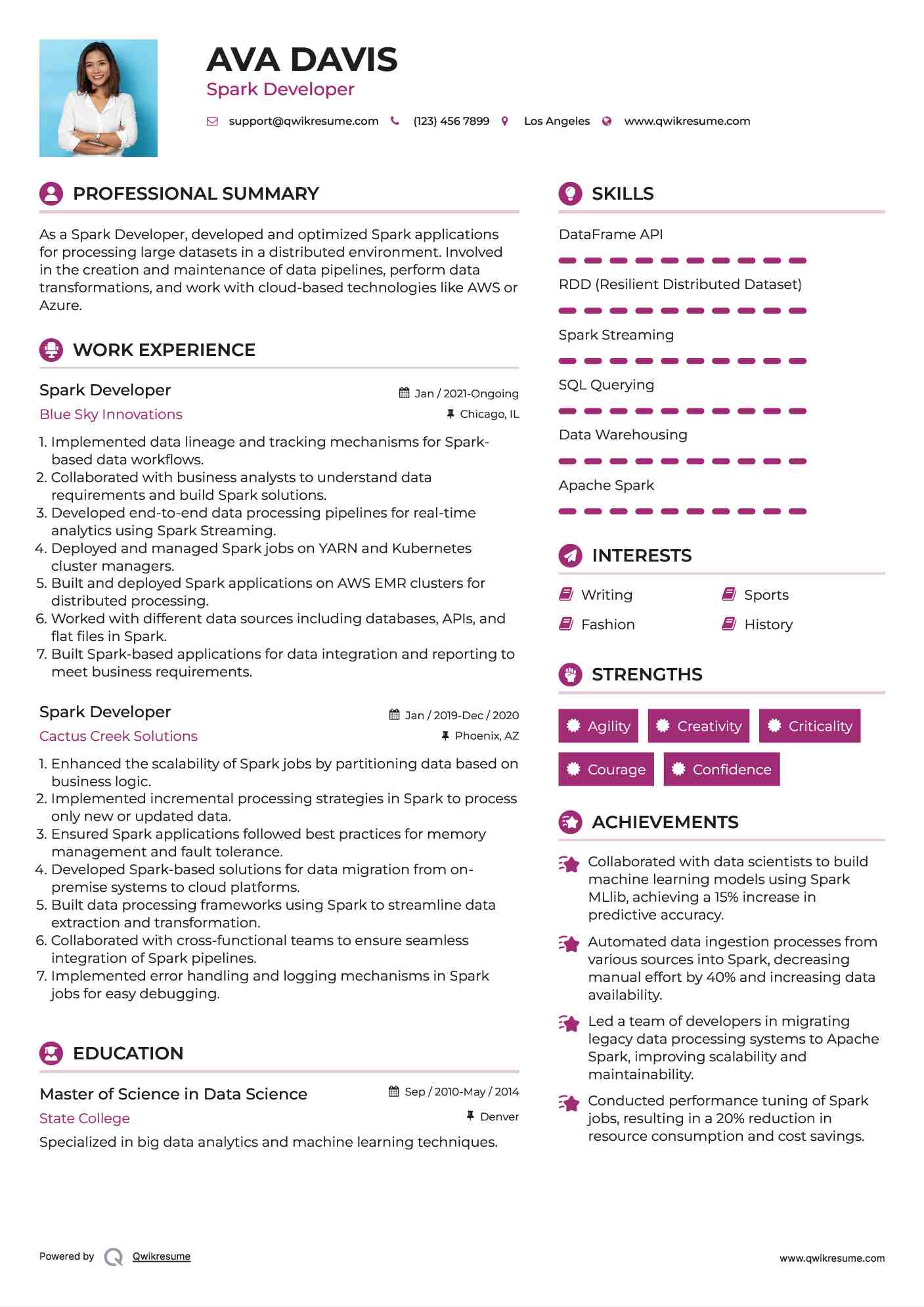 Spark Developer Resume Example