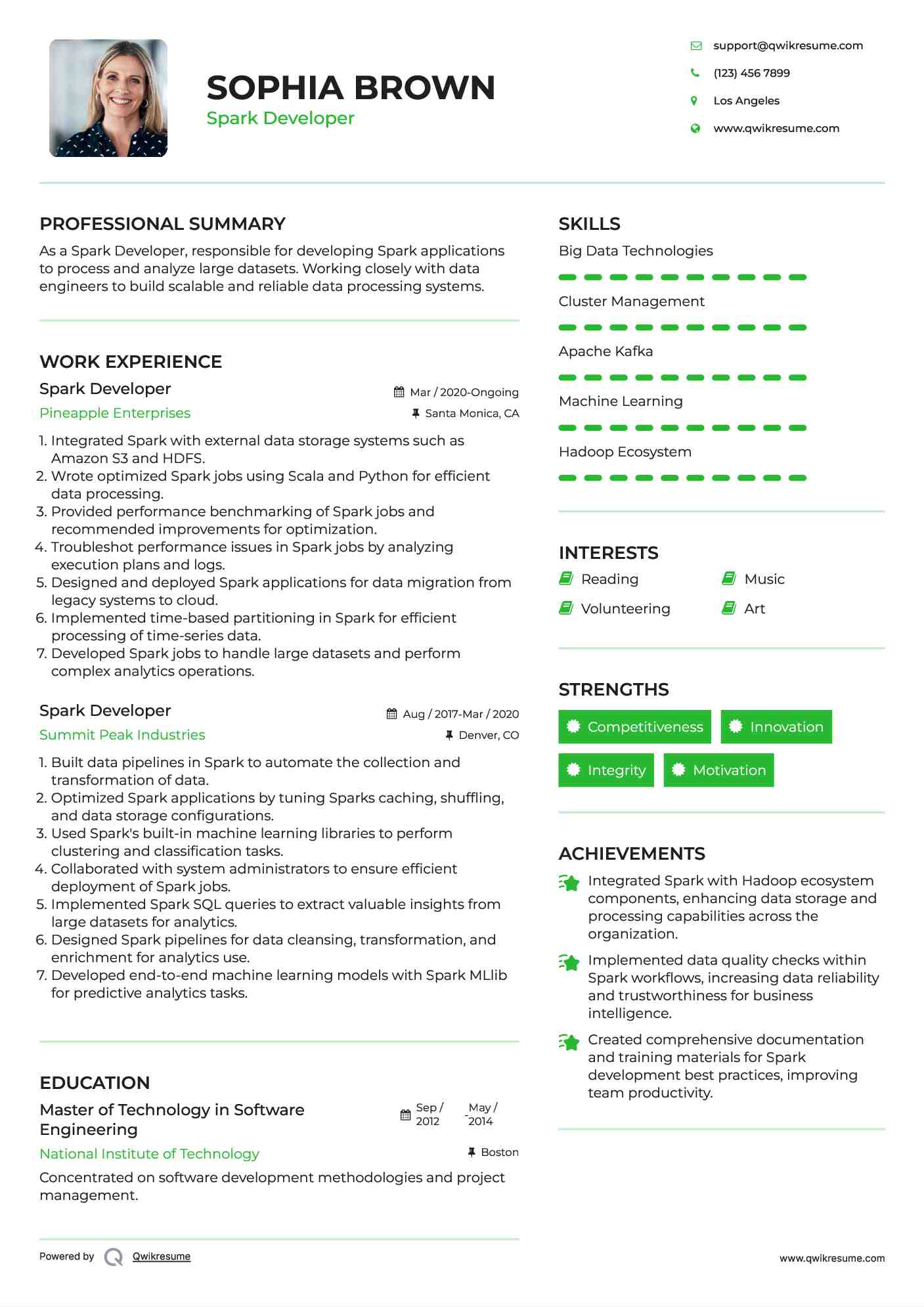Spark Developer Resume Example