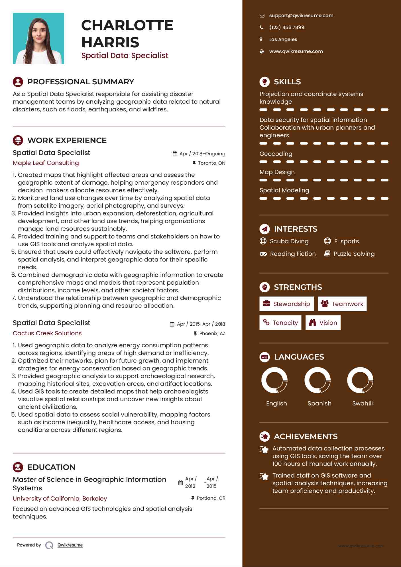 Spatial Data Specialist  Resume Model