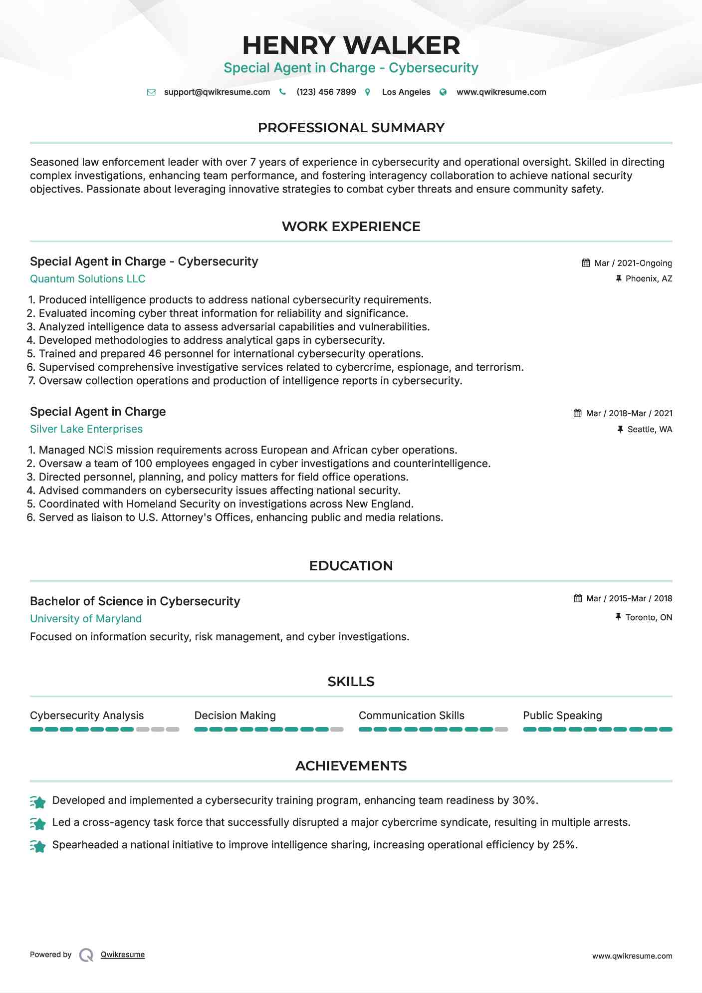 Special Agent in Charge - Cybersecurity Resume Sample