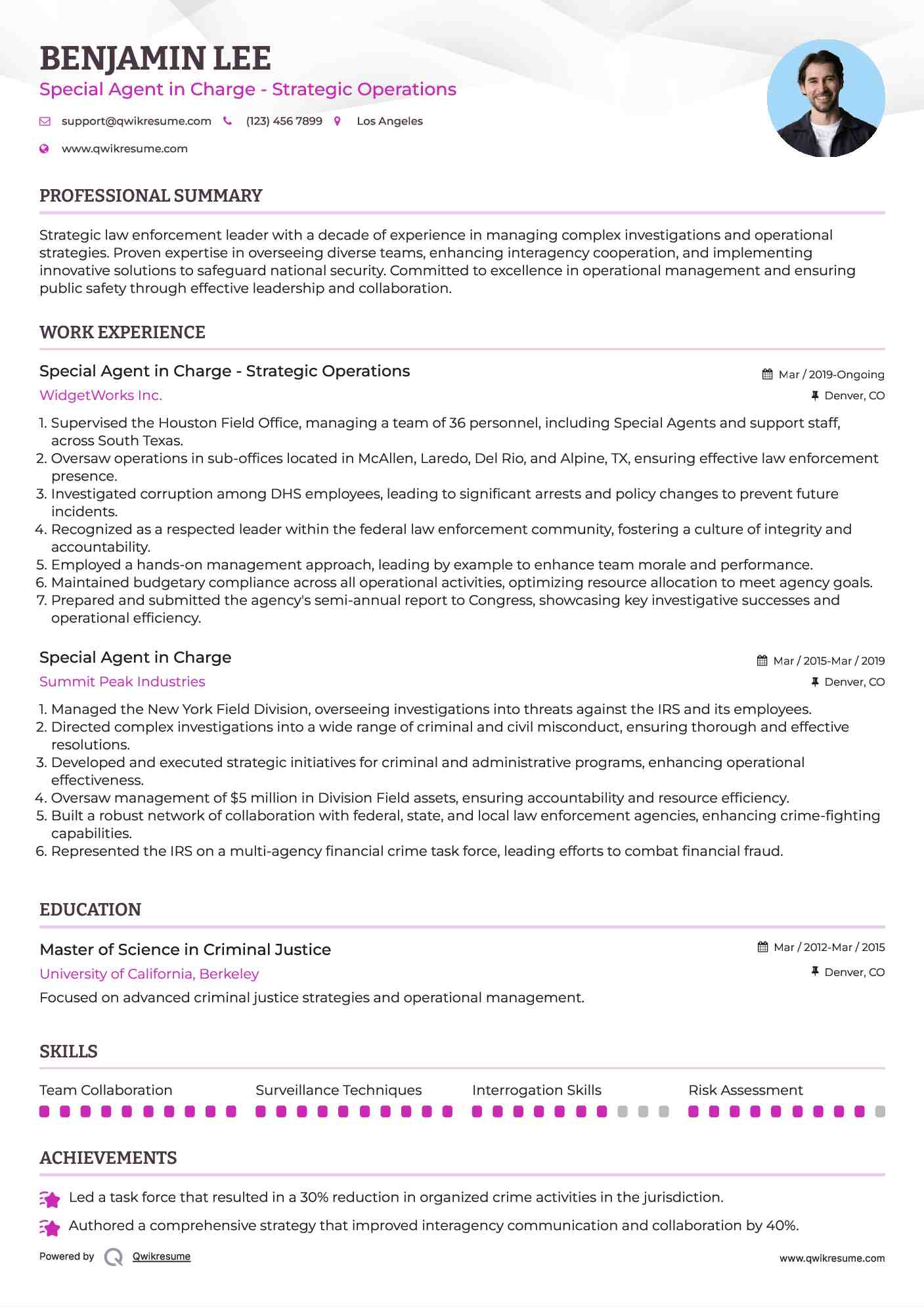 Special Agent in Charge - Strategic Operations Resume Format
