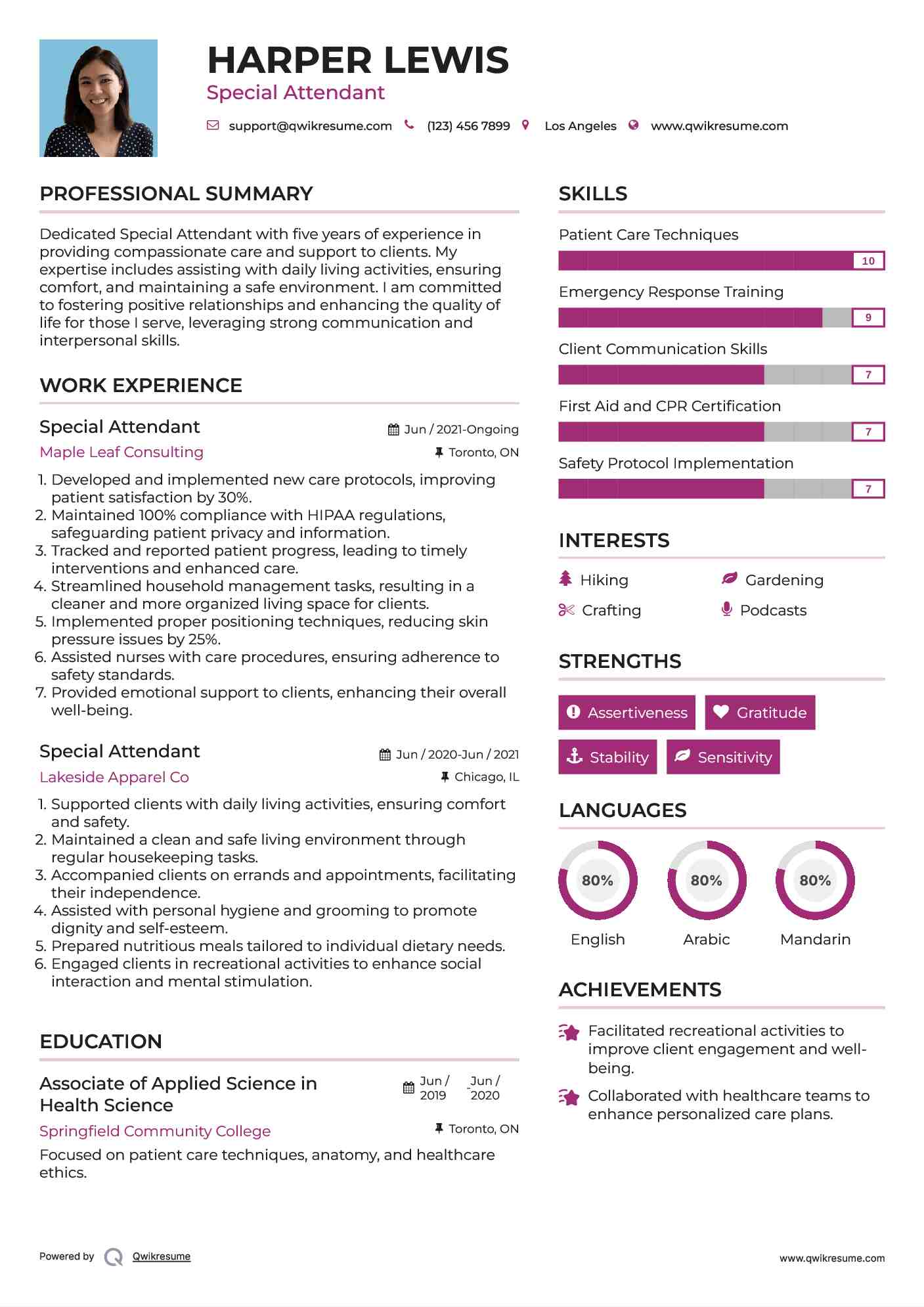 Special Attendant Resume Template
