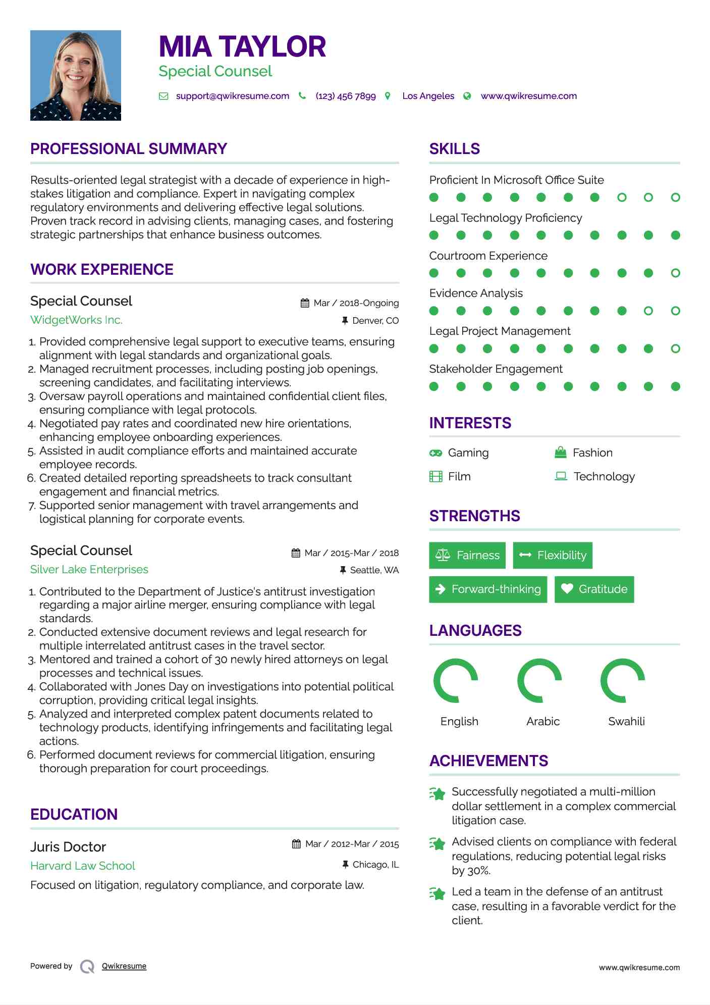 Special Counsel Resume Example