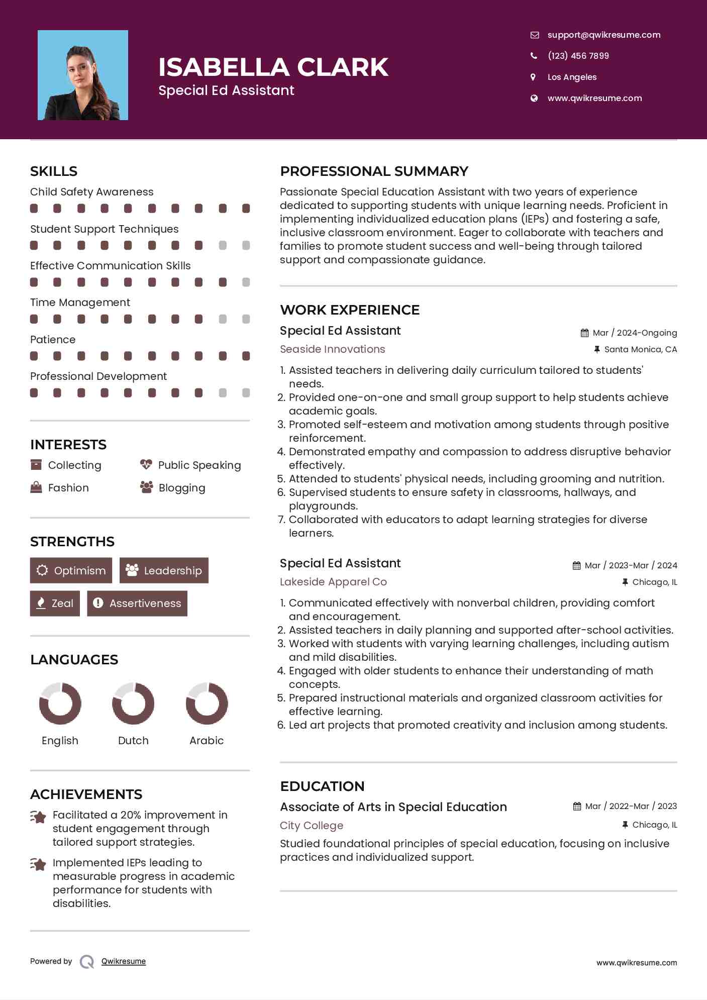 Special Ed Assistant Resume Example