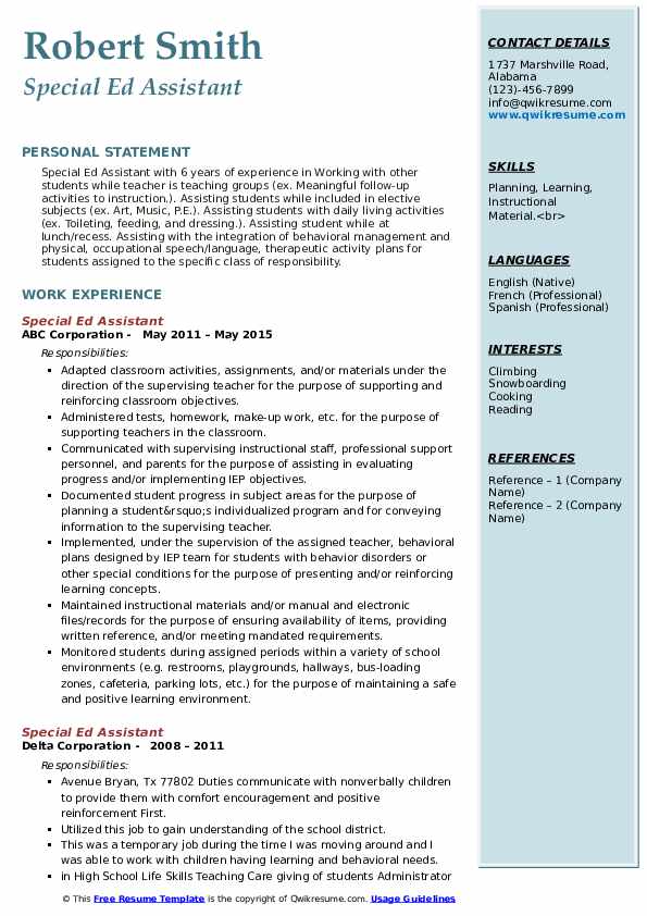 Special Ed Assistant Resume Samples QwikResume