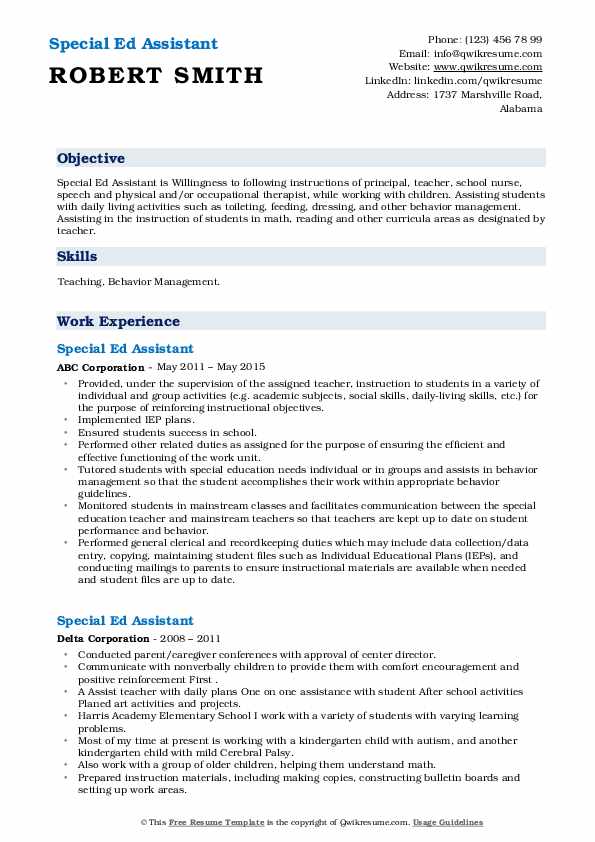 Special Ed Assistant Resume Samples QwikResume