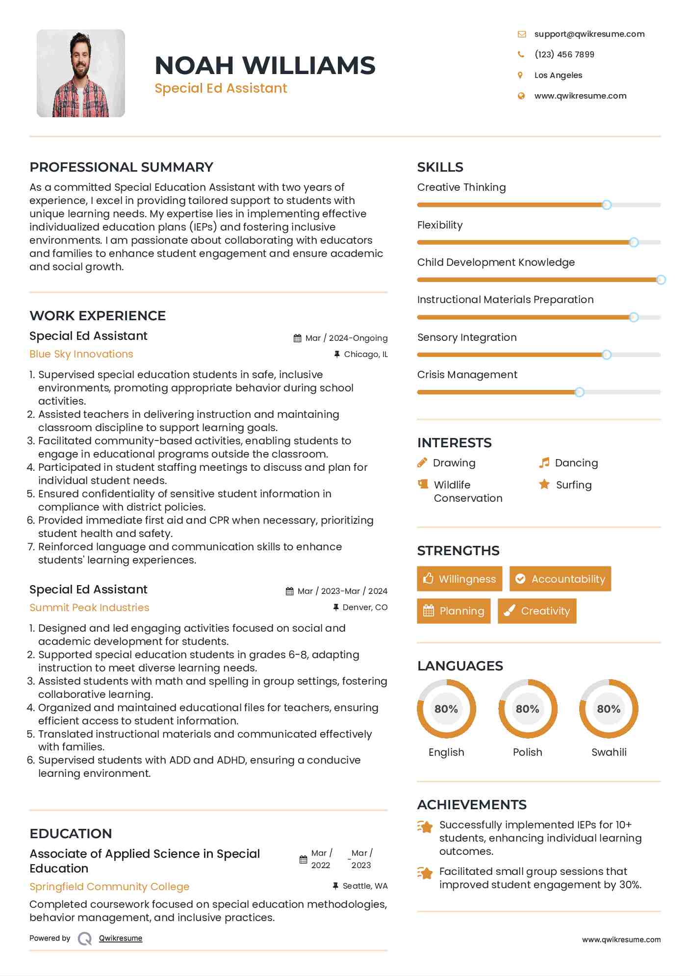 Special Ed Assistant Resume Samples QwikResume