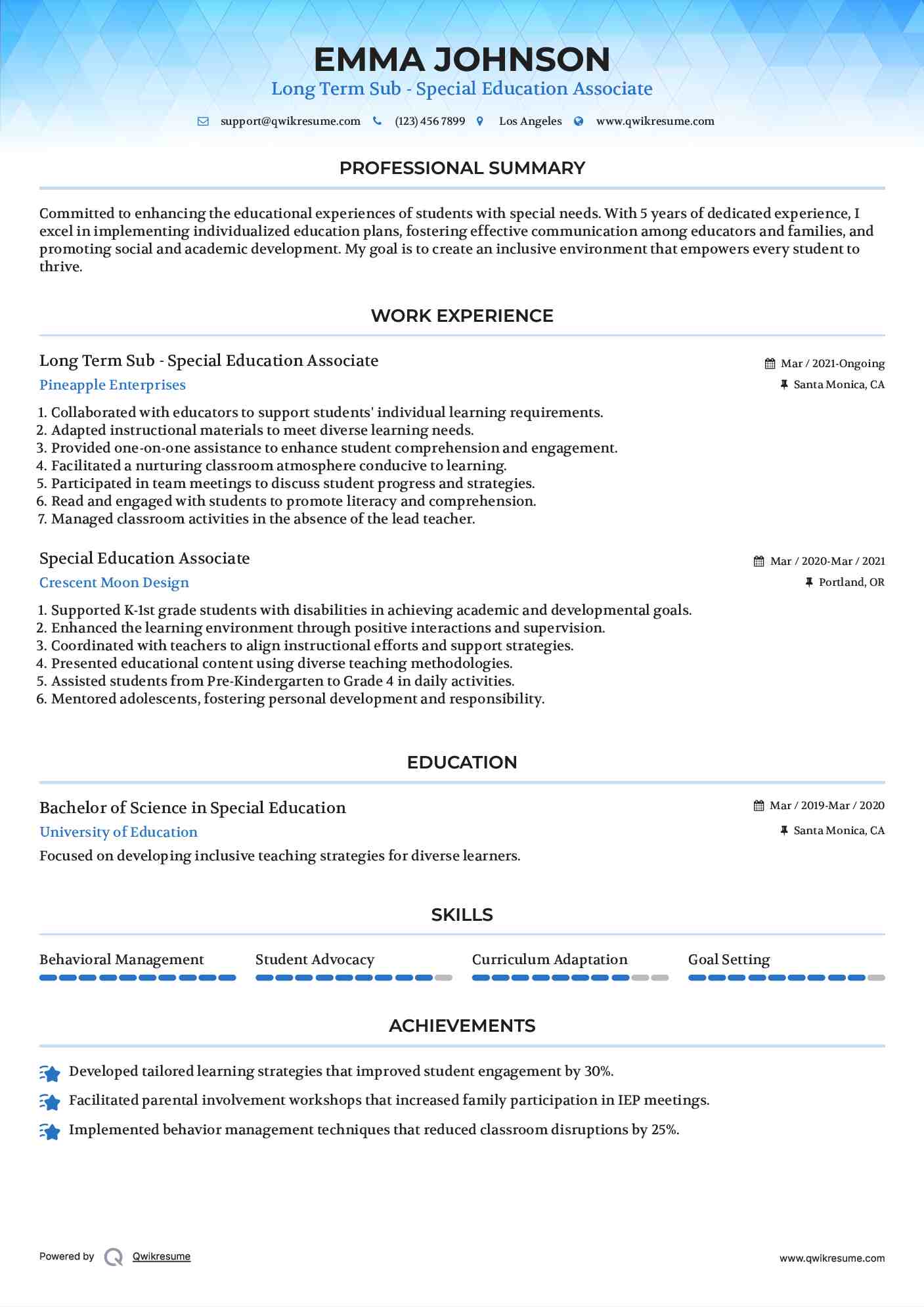 Long Term Sub - Special Education Associate
 Resume Format