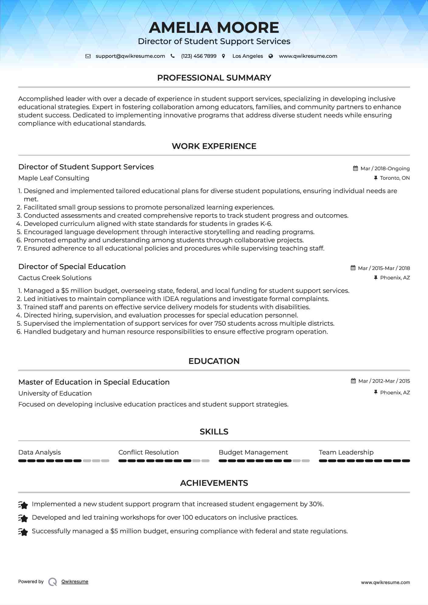 Director of Student Support Services

 Resume Sample
