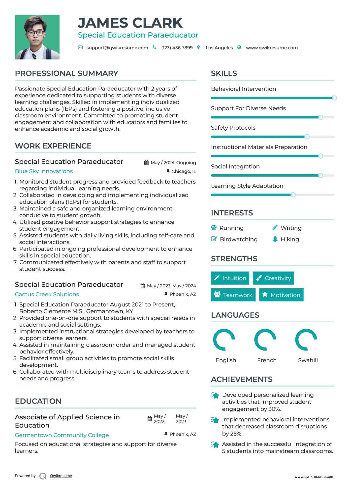 Special Education Paraeducator Resume Example