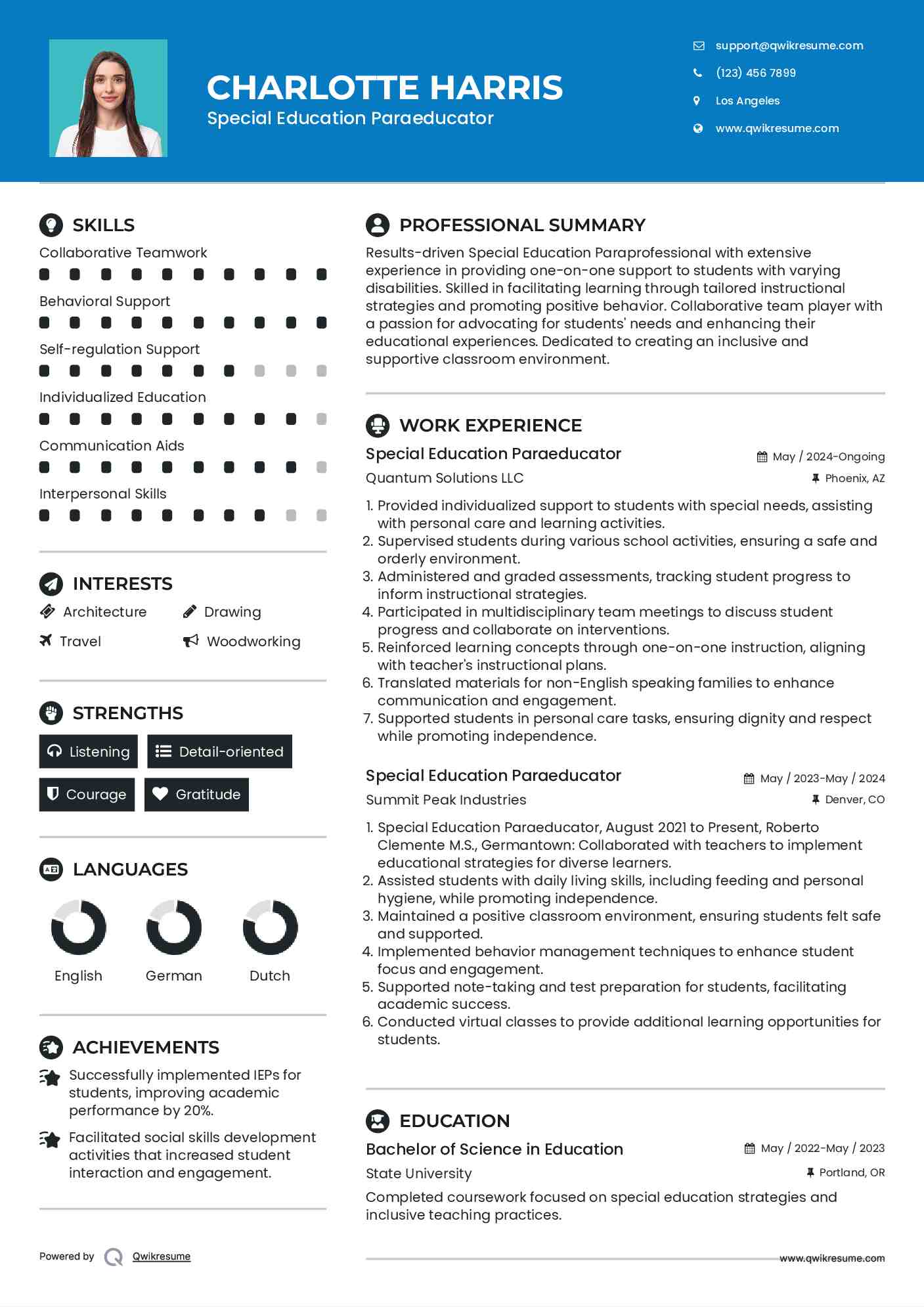 Special Education Paraeducator Resume Model