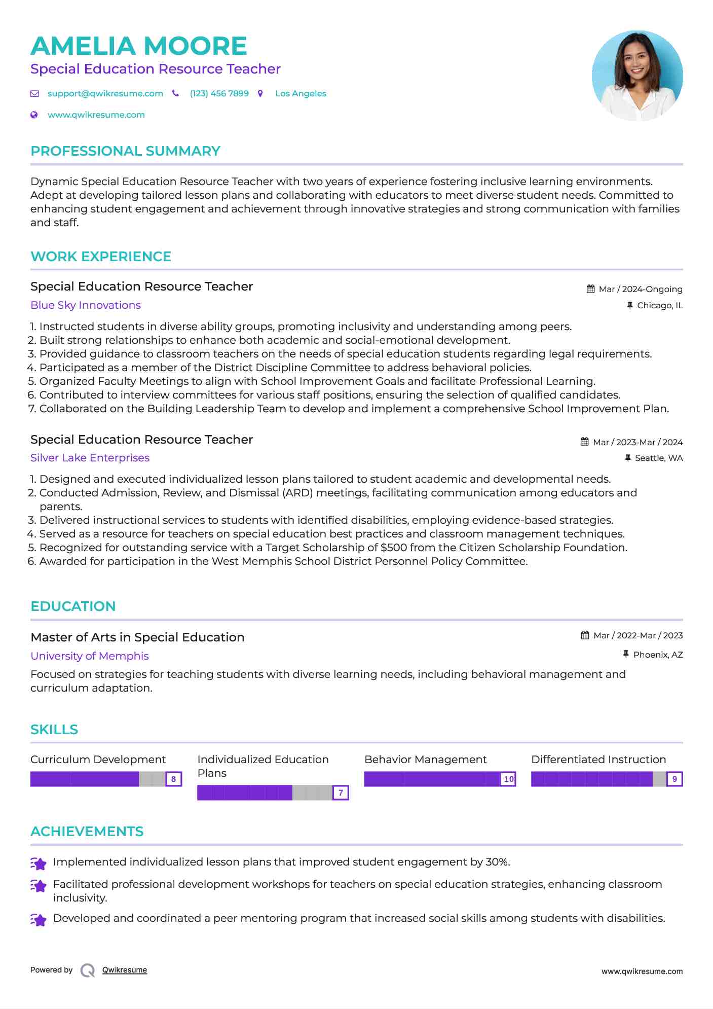 Special Education Resource Teacher Resume Model