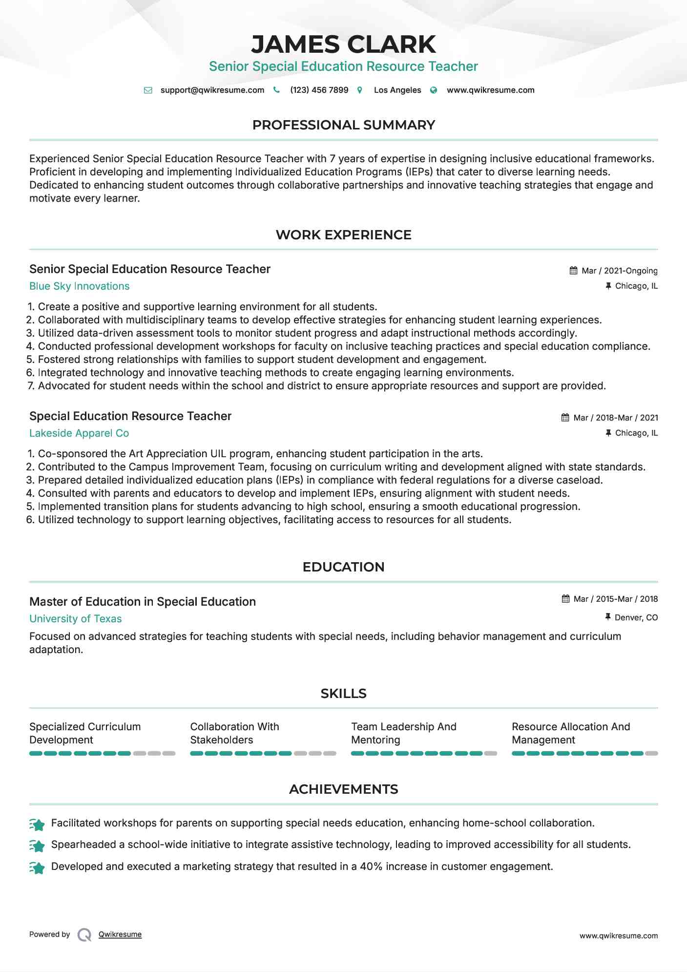 Senior Special Education Resource Teacher Resume Sample