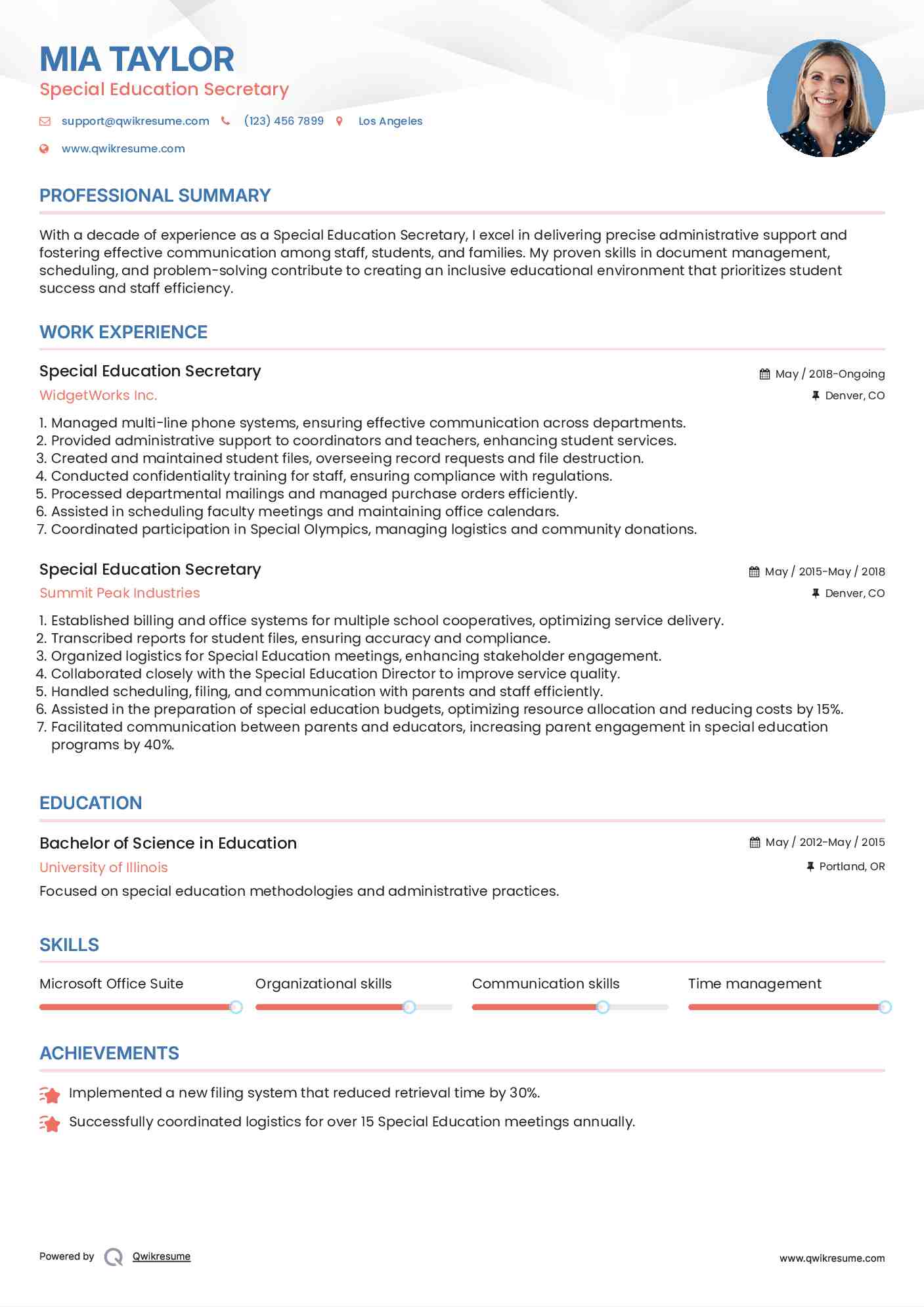 Special Education Secretary Resume Model