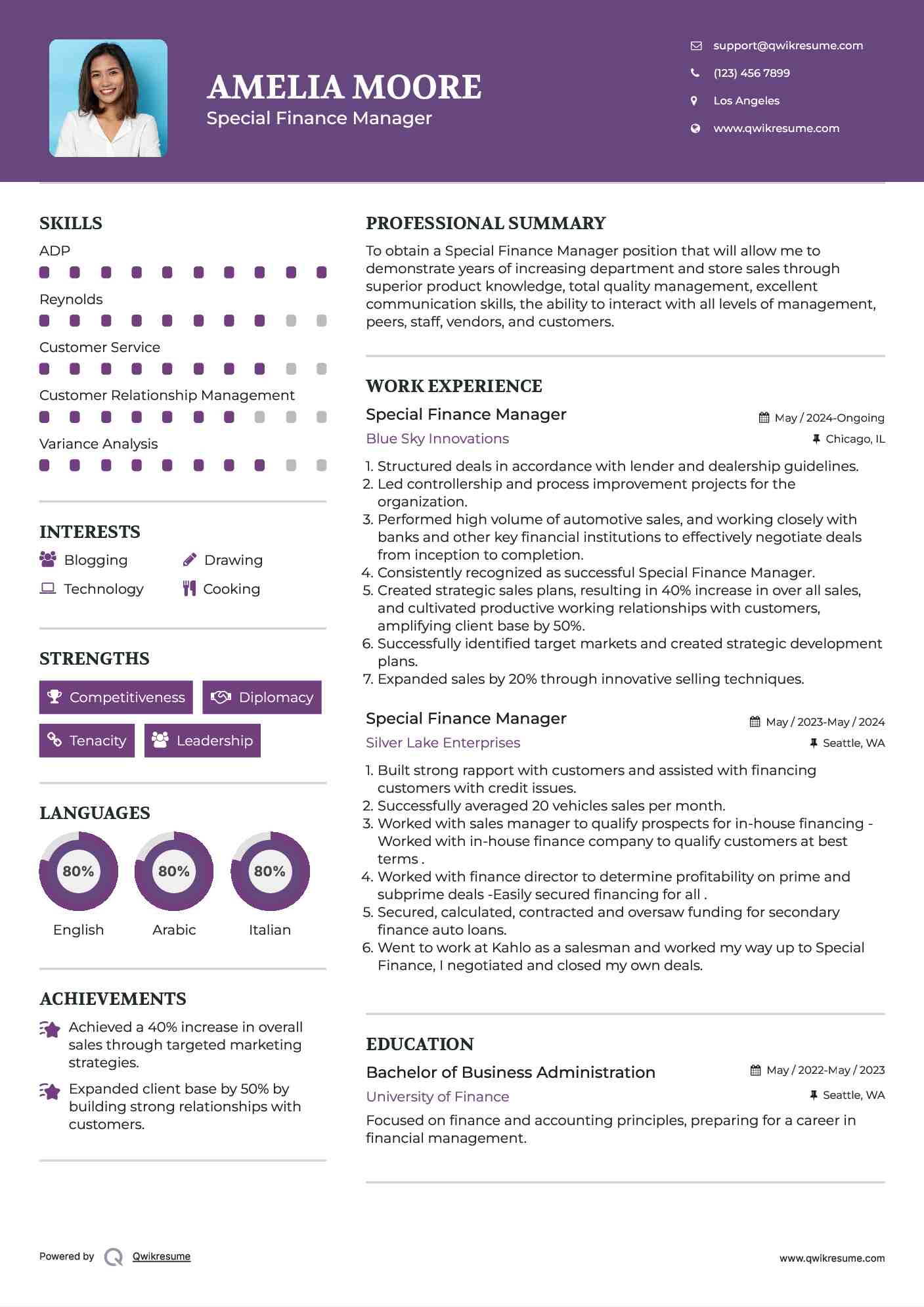 Special Finance Manager Resume Sample