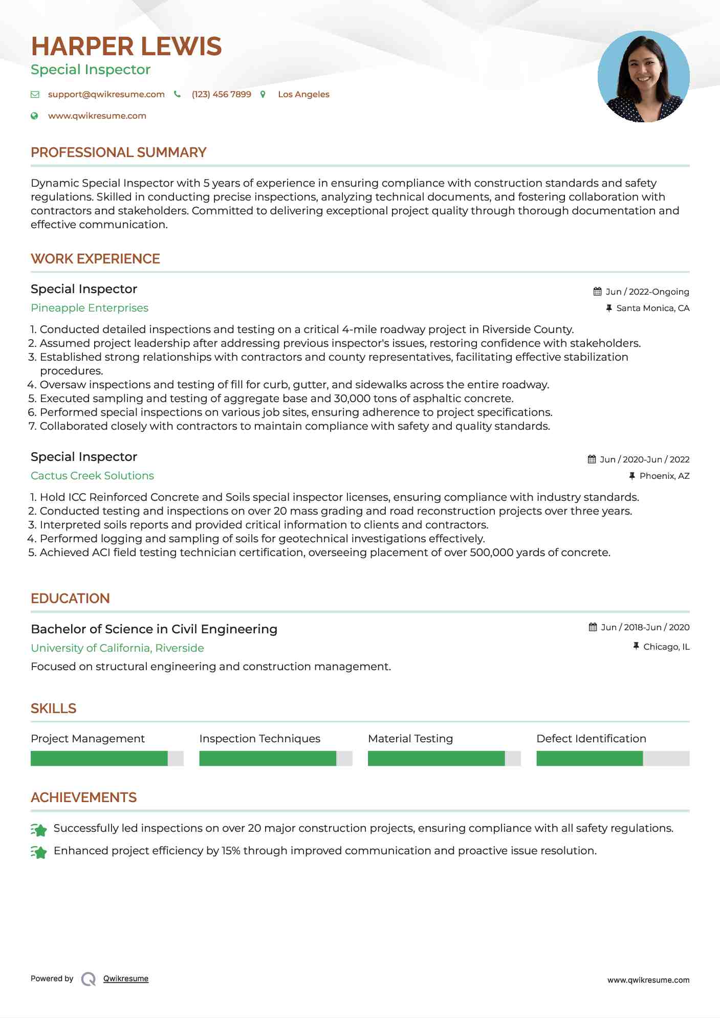 Special Inspector Resume Example