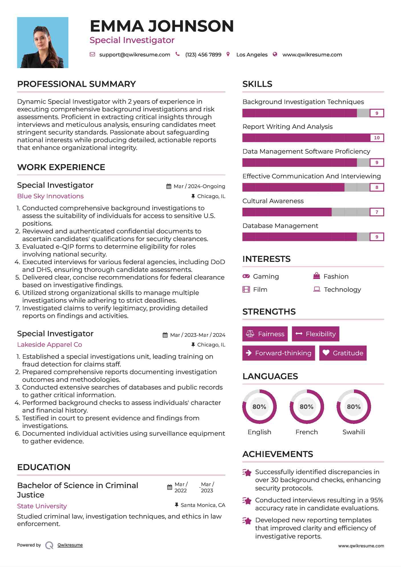 Special Investigator Resume Model