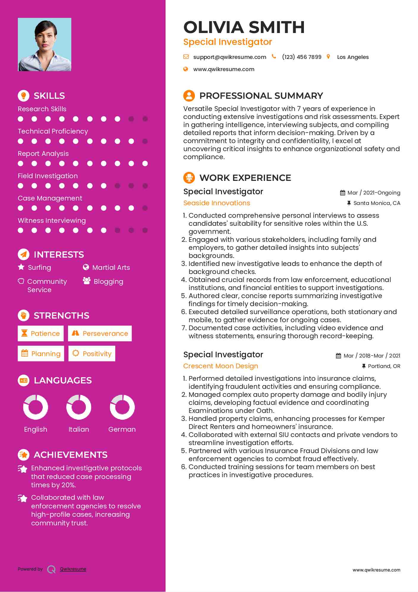 Special Investigator Resume Sample