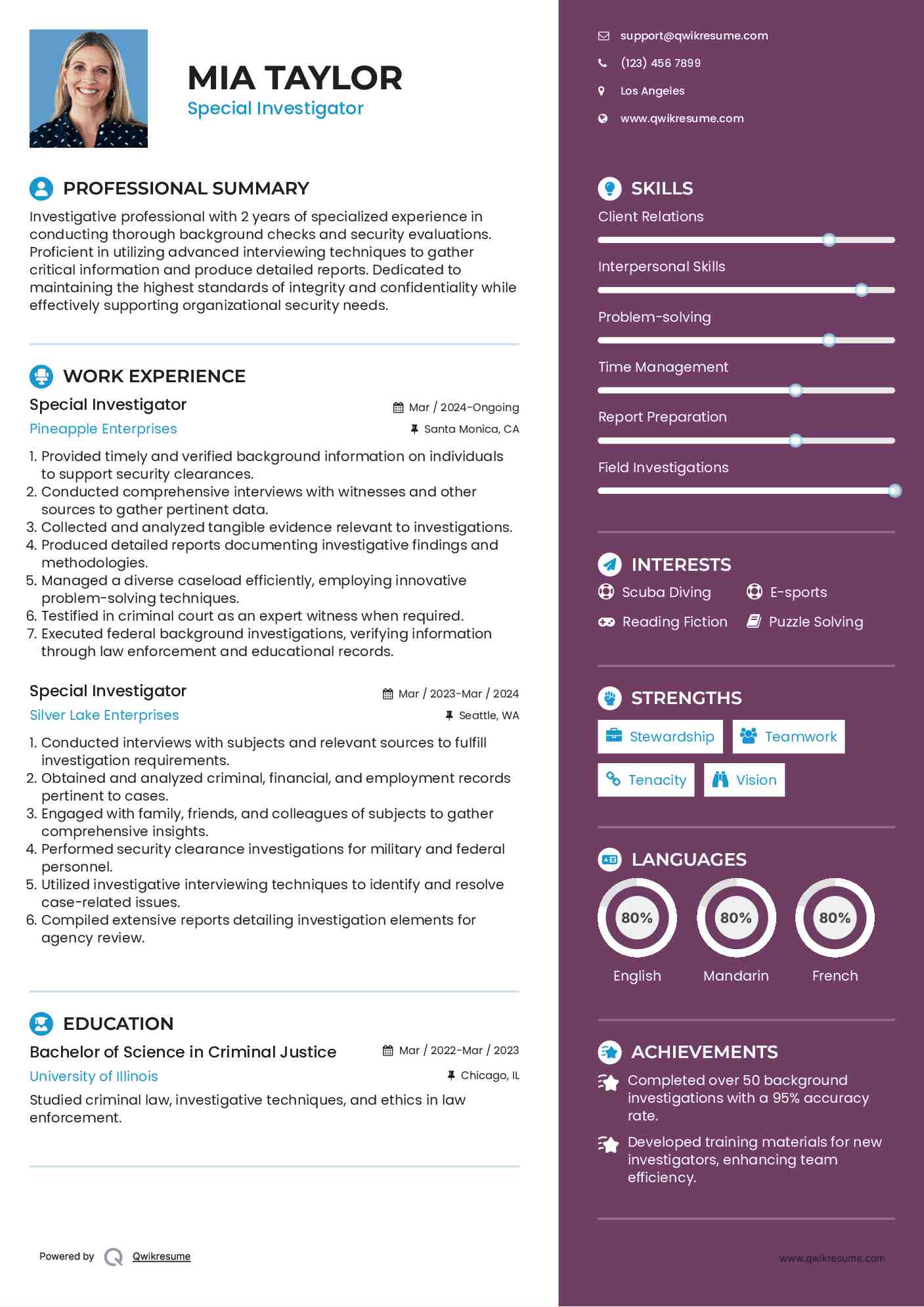 Special Investigator Resume Example