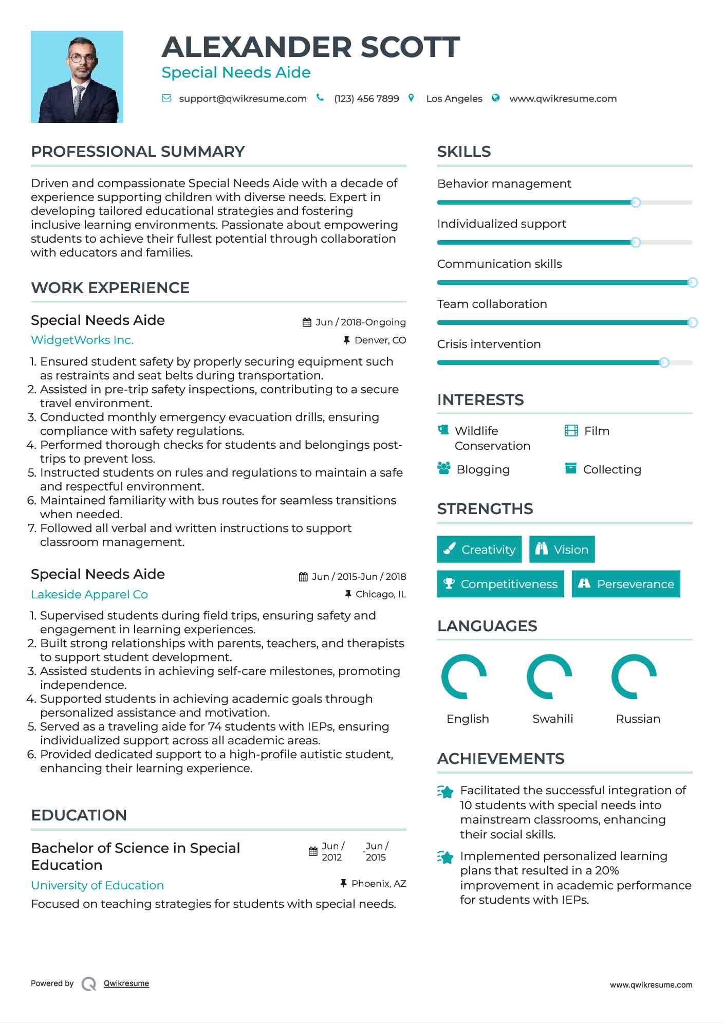 Special Needs Aide Resume Sample
