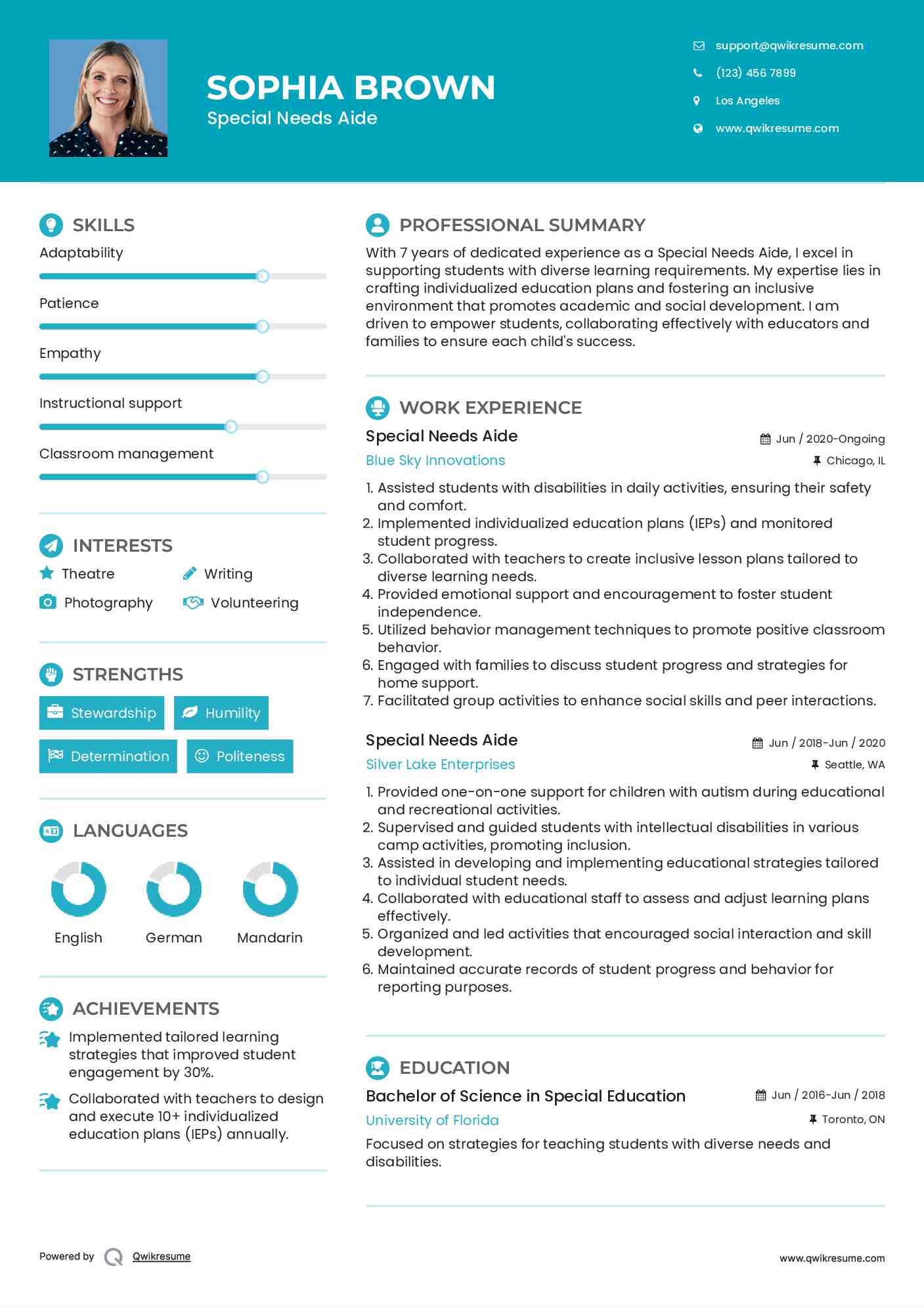 Special Needs Aide Resume Example