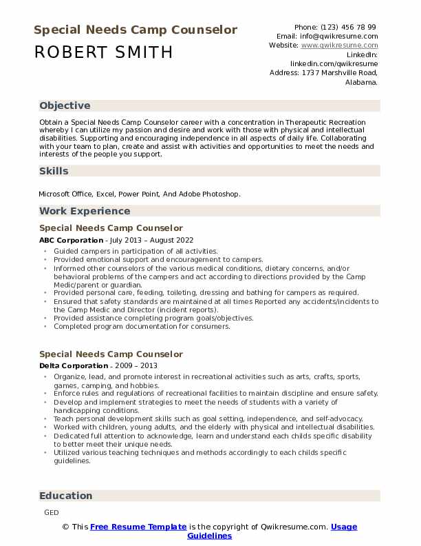 Special Needs Camp Counselor Resume Samples QwikResume