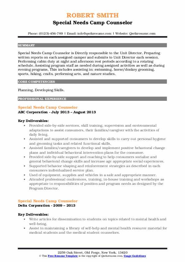 Special Needs Camp Counselor Resume Samples QwikResume