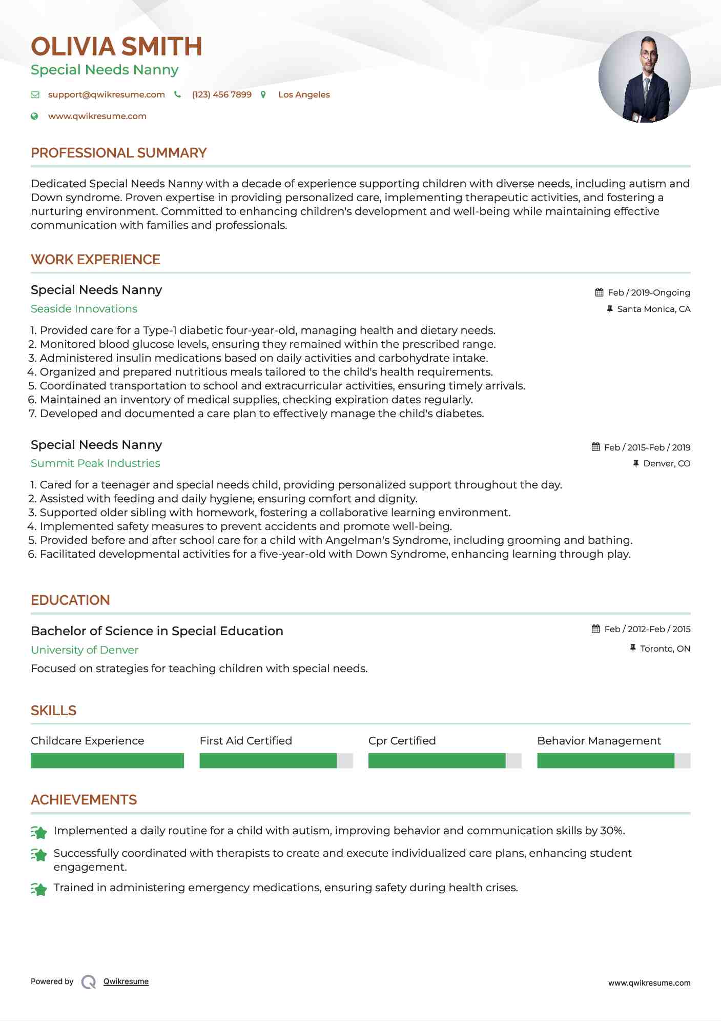 Special Needs Nanny Resume Model