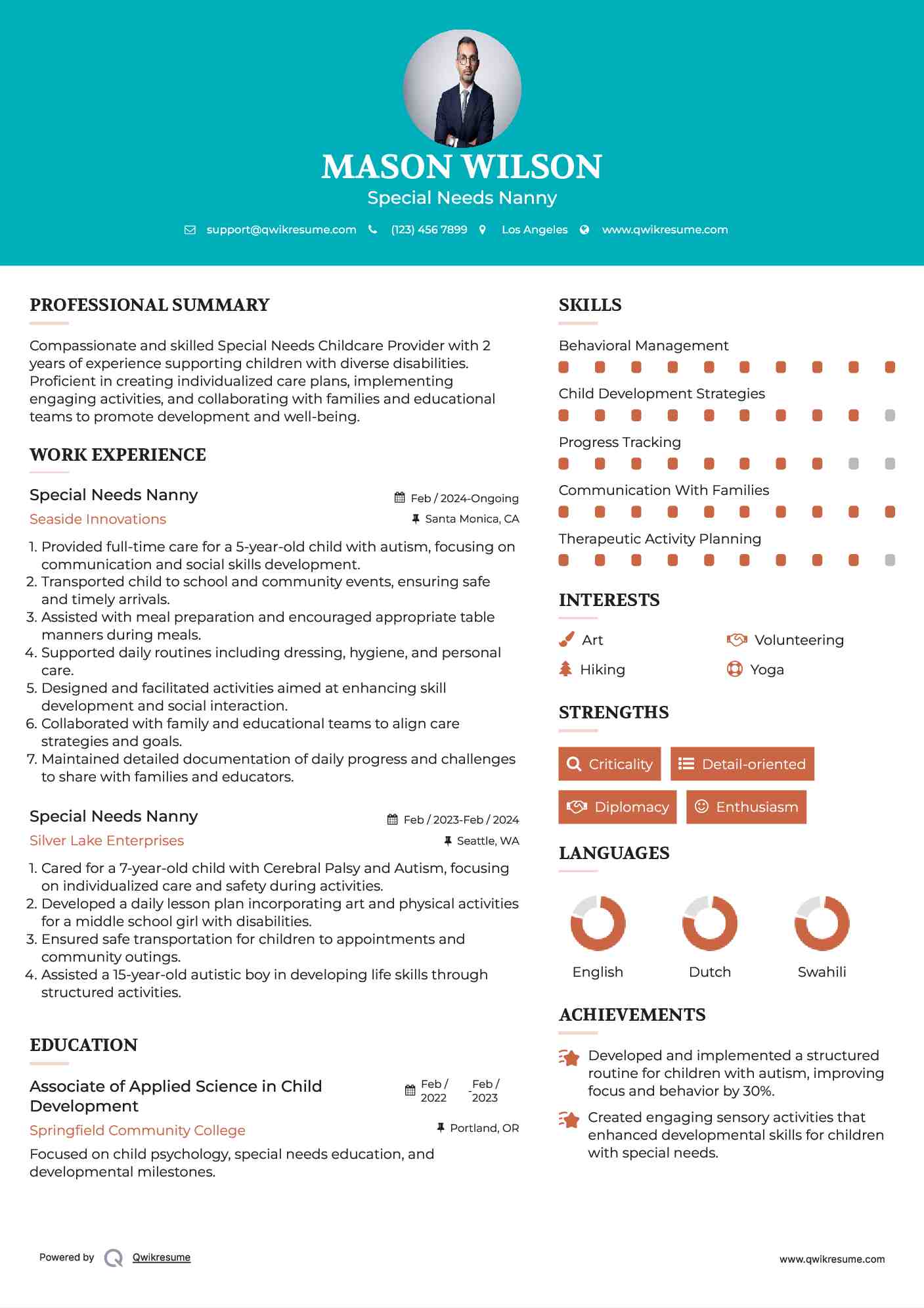 Special Needs Nanny Resume Model