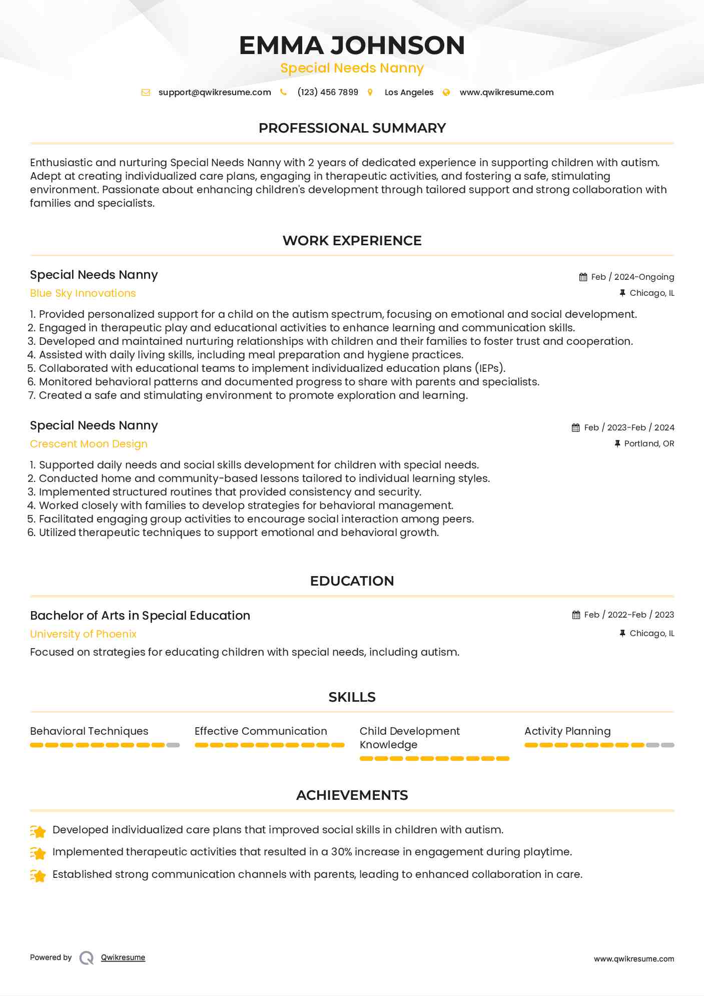 Special Needs Nanny Resume Example