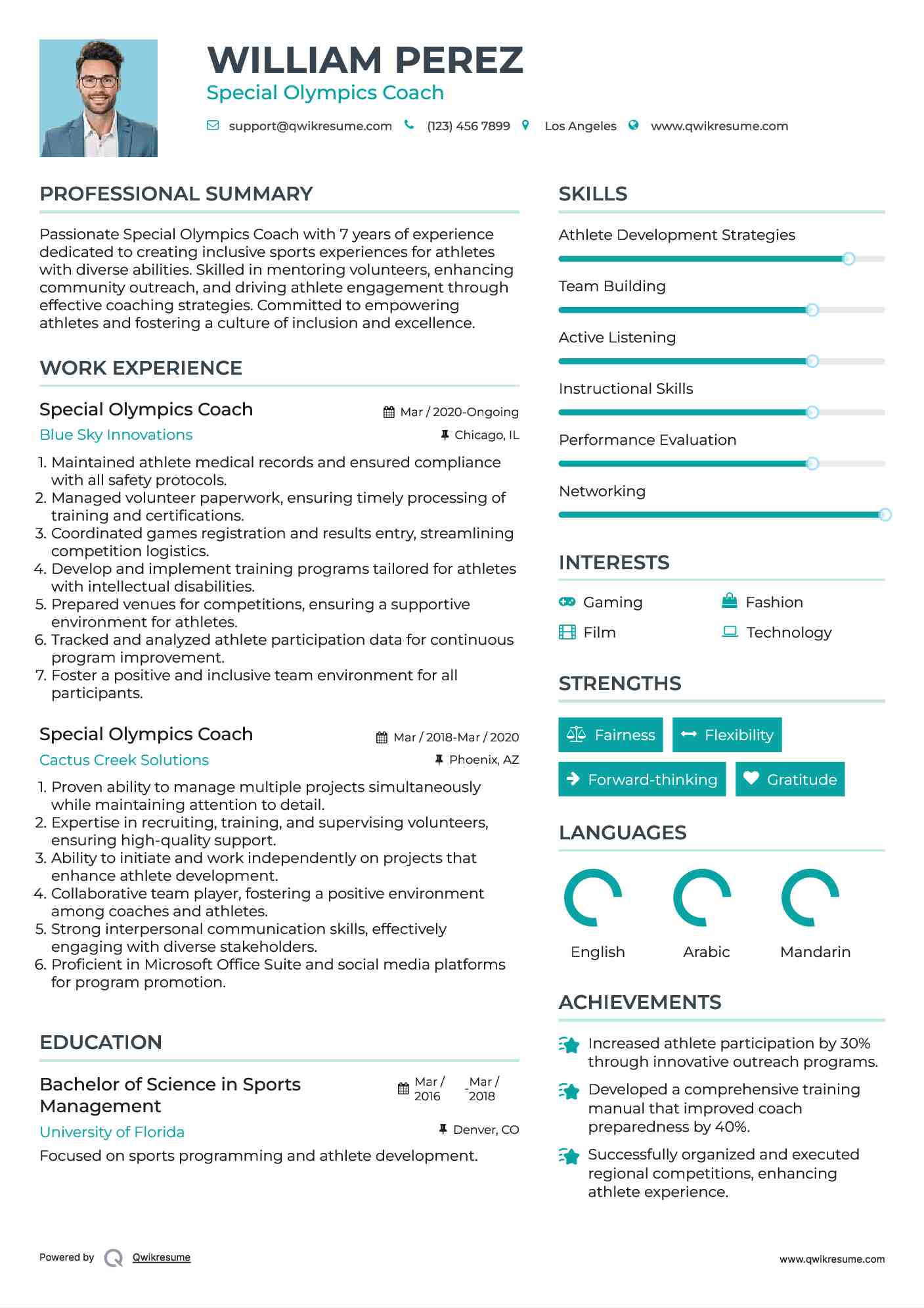 Special Olympics Coach Resume Example