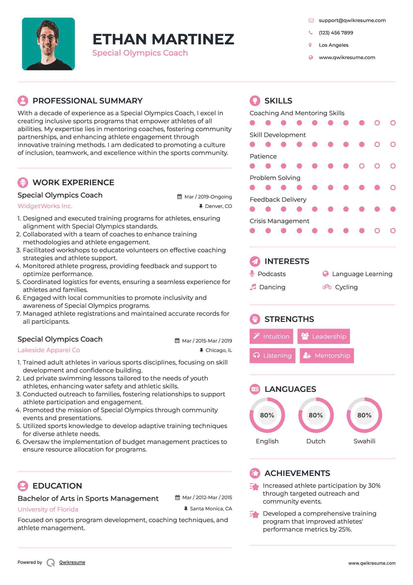 Special Olympics Coach Resume Template