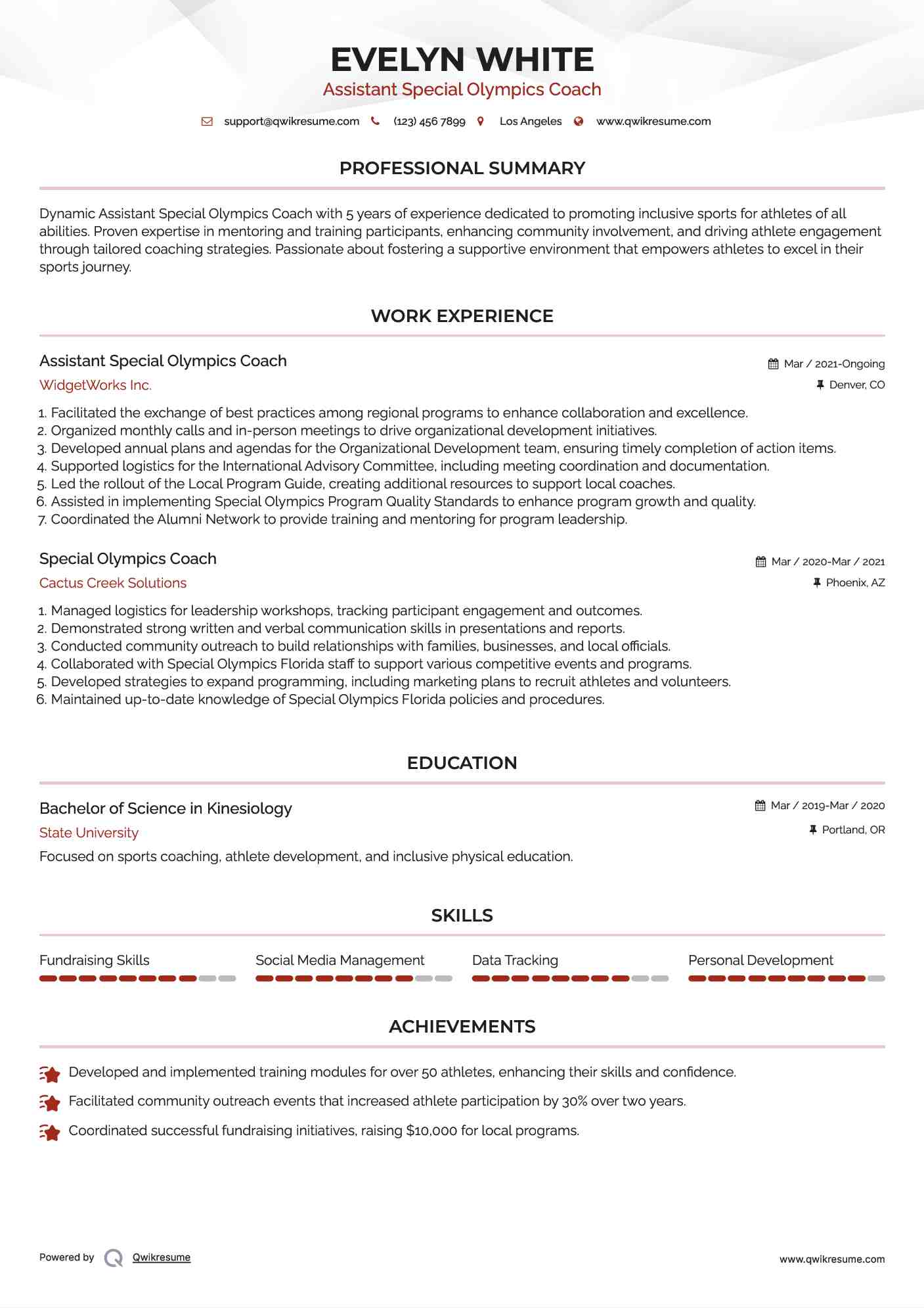 Assistant Special Olympics Coach Resume Template