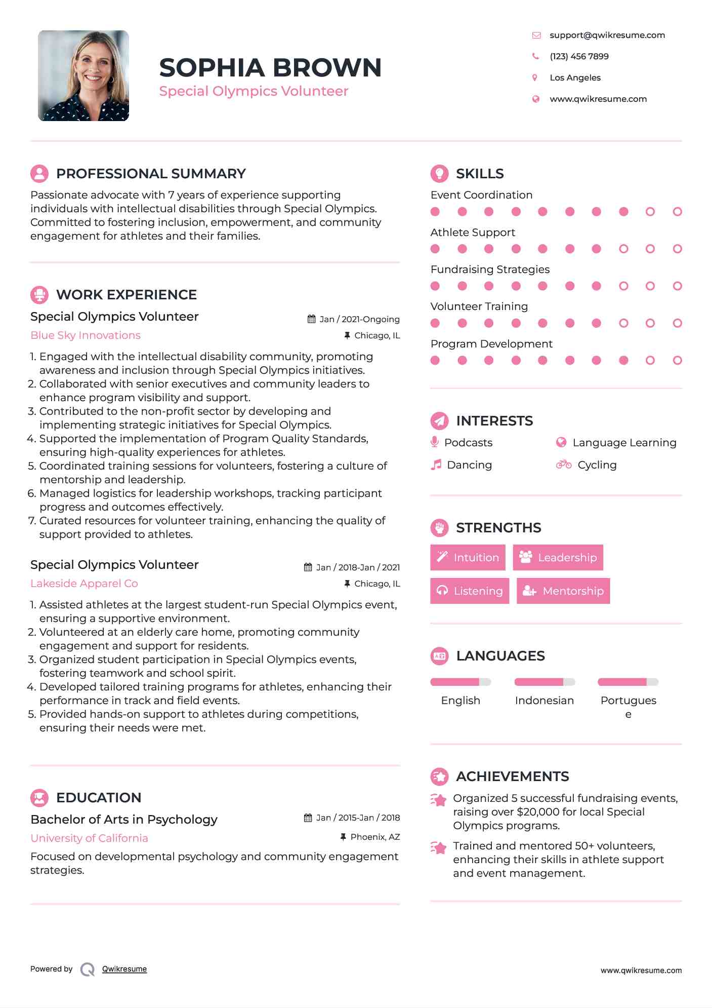 Special Olympics Volunteer Resume Example