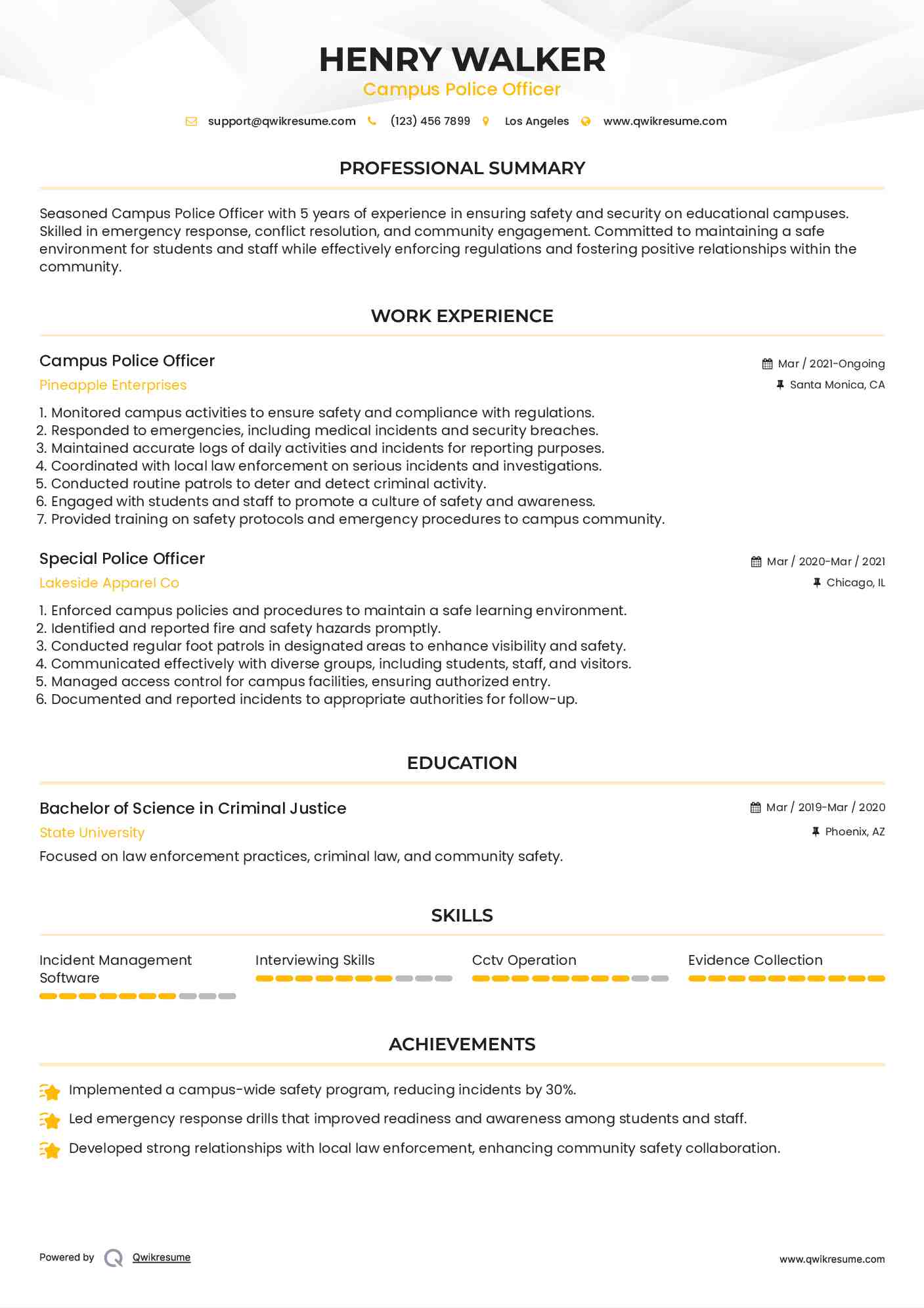 Campus Police Officer Resume Format