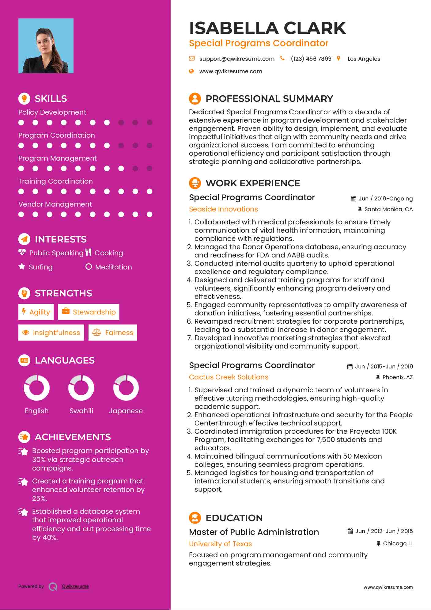 Special Programs Coordinator Resume Example