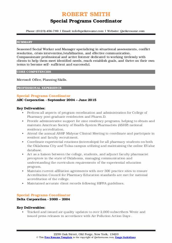 Special Programs Coordinator Resume Samples QwikResume