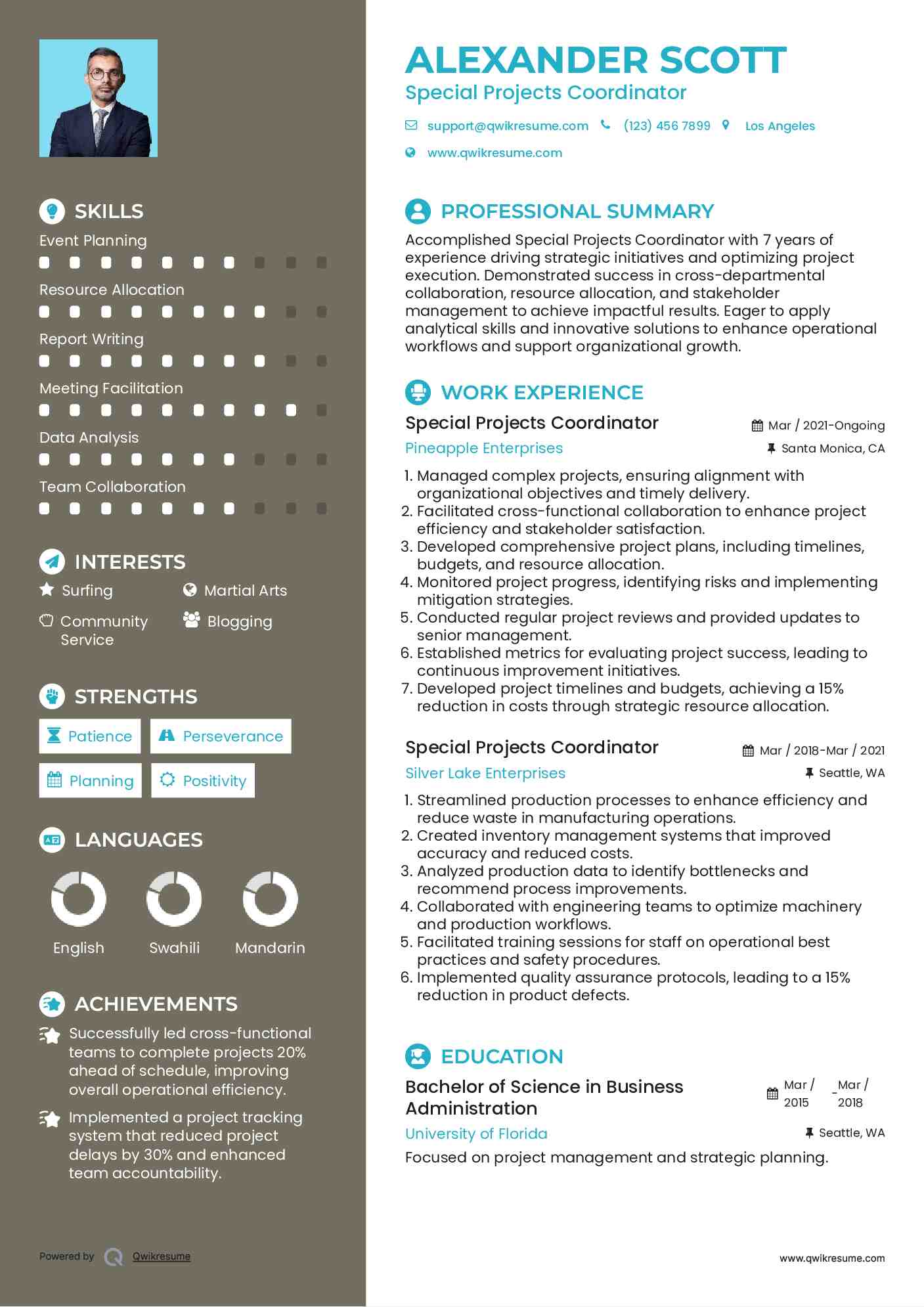 Special Projects Coordinator Resume Example