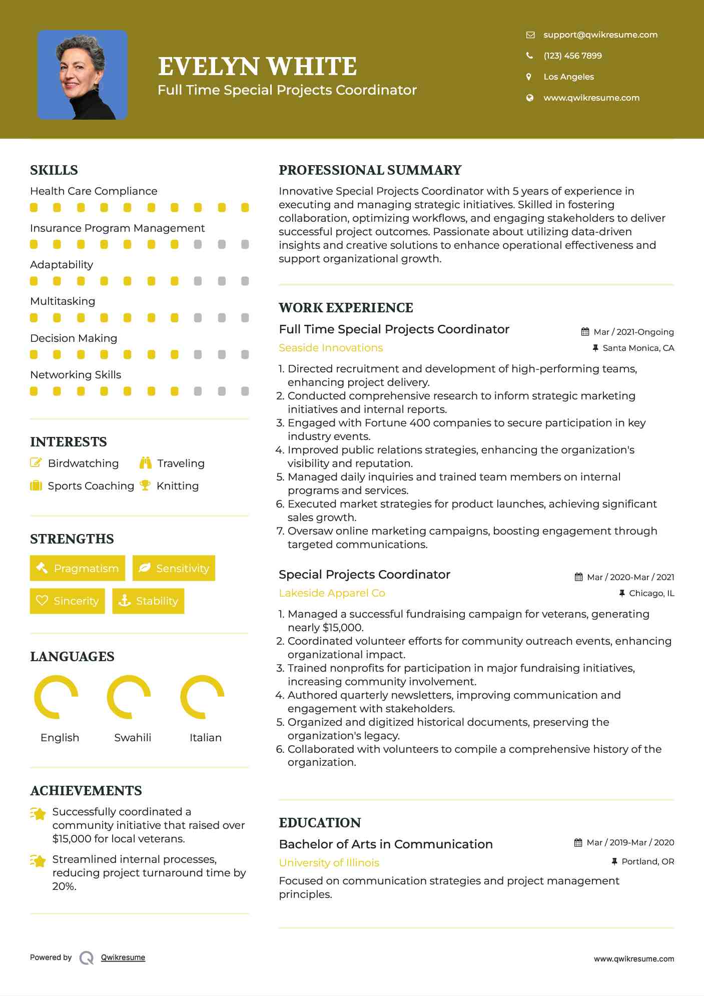Full Time Special Projects Coordinator Resume Example