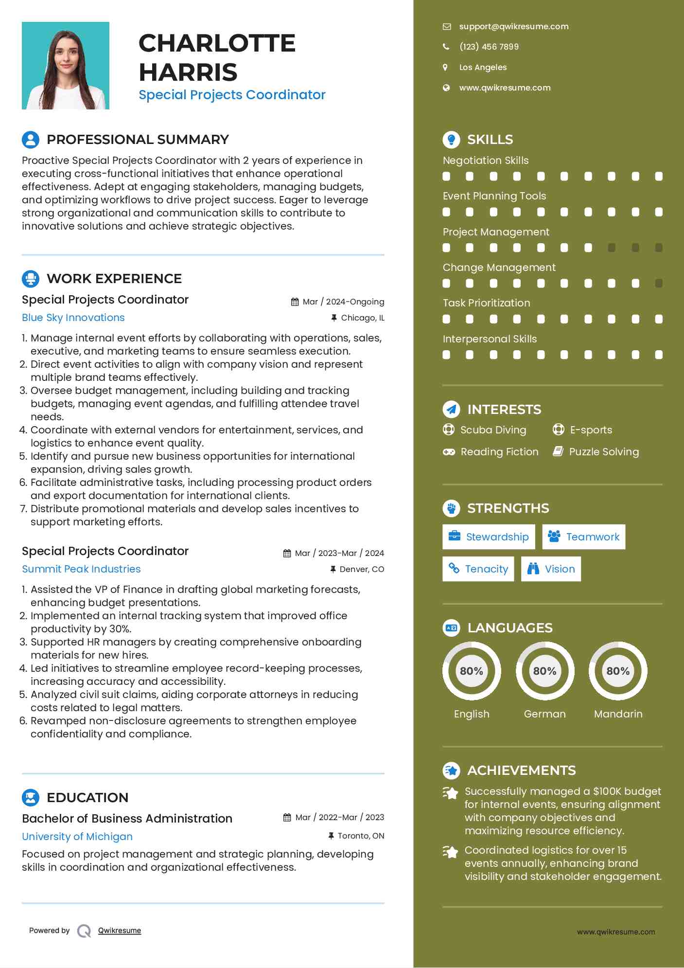 Special Projects Coordinator Resume Example