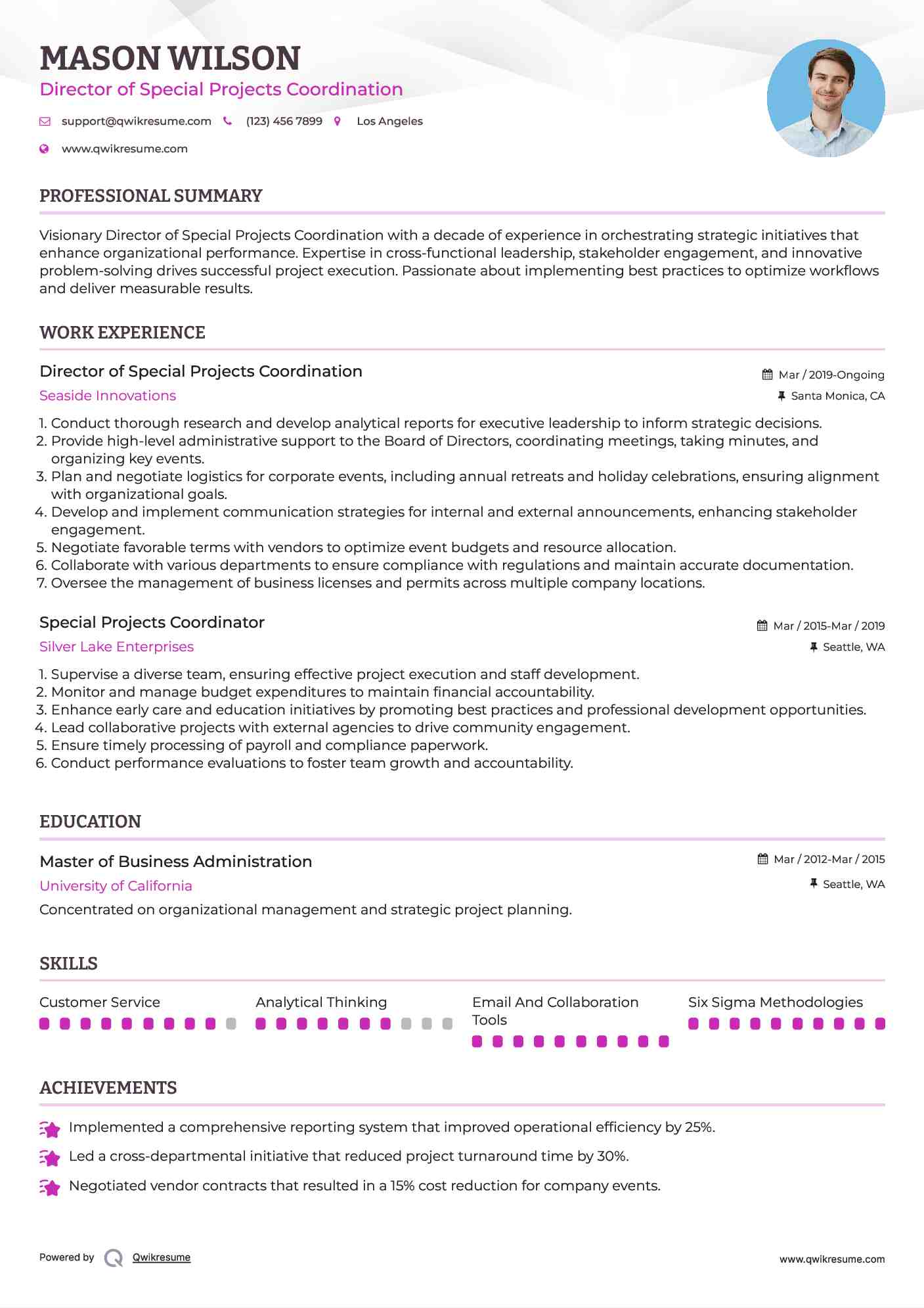 Director of Special Projects Coordination Resume Example