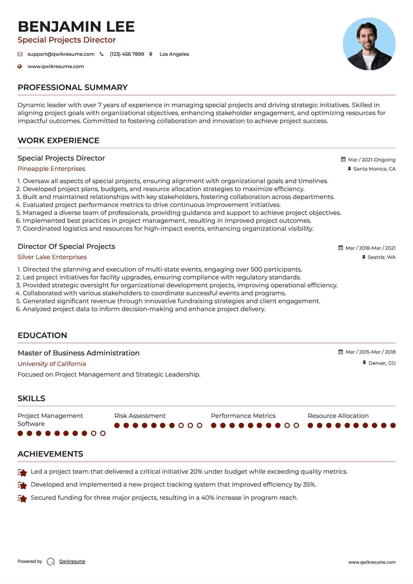 Special Projects Director Resume Sample