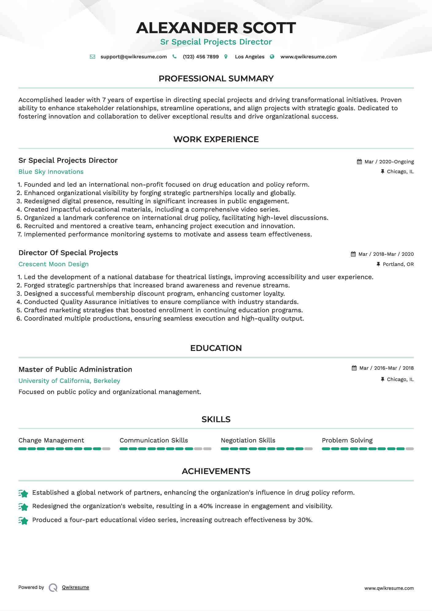 Sr Special Projects Director Resume Format