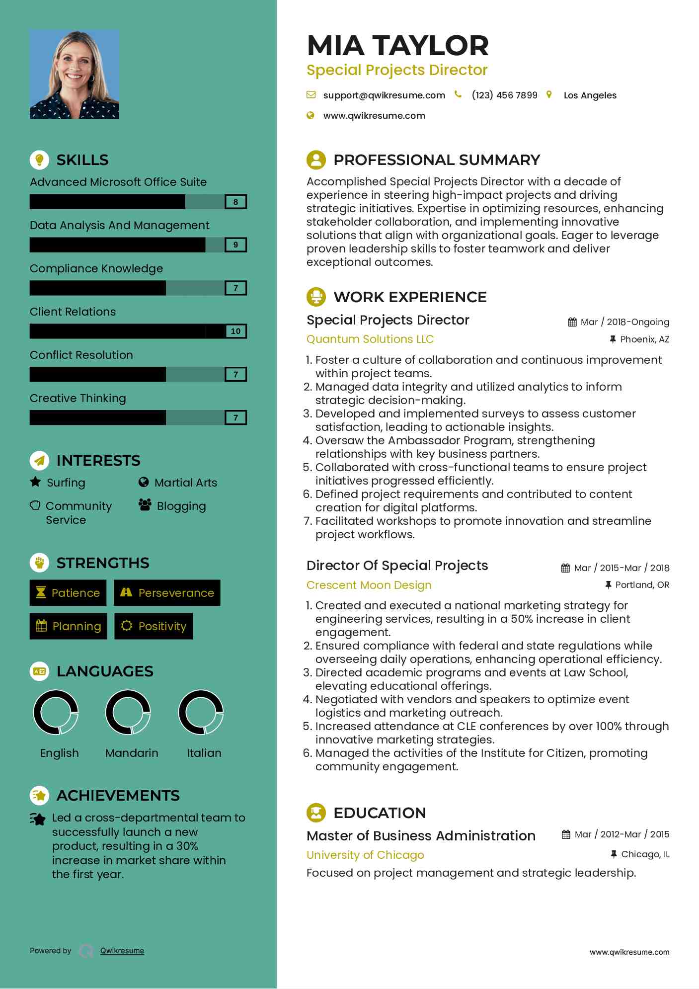 Special Projects Director Resume Sample