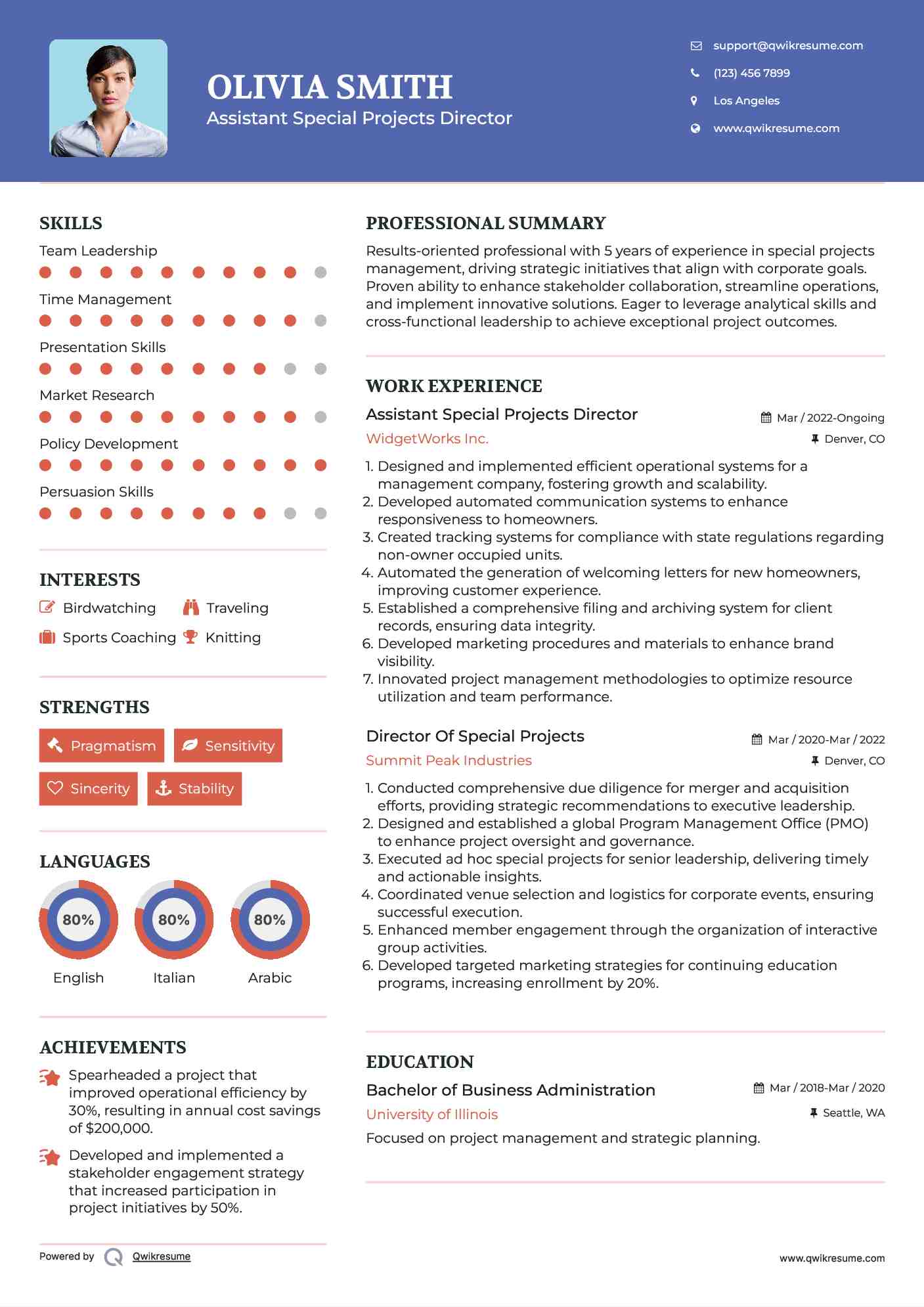 Assistant Special Projects Director Resume Example