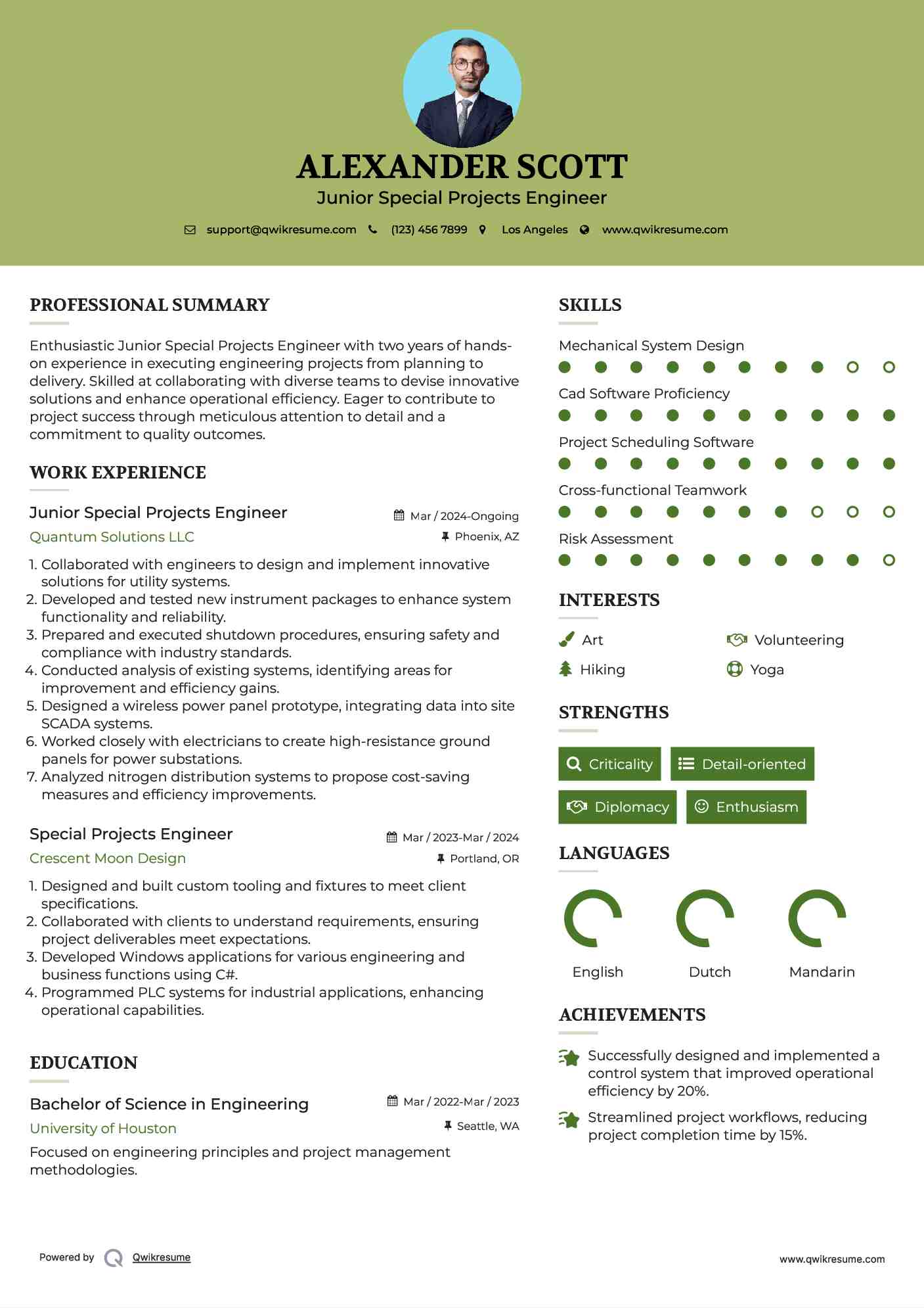 Junior Special Projects Engineer Resume Model